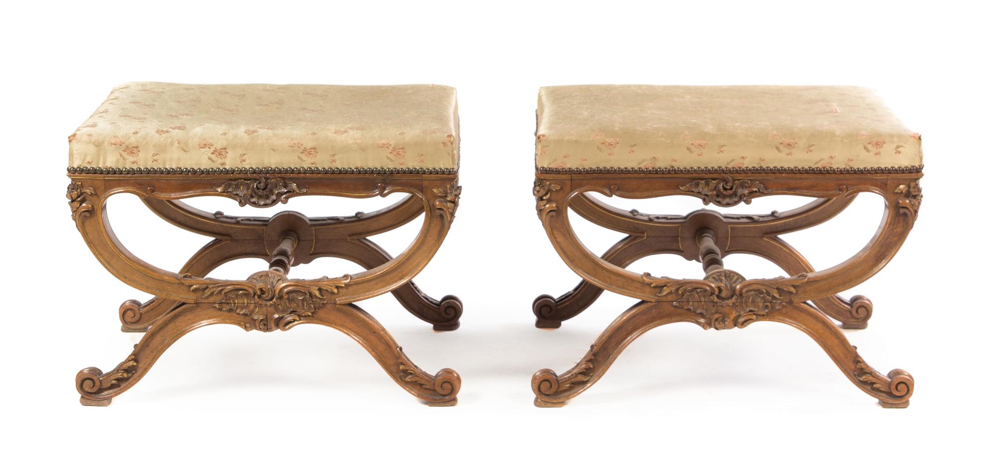 A Pair of Louis XVI Style Gilt Walnut Tabourets Height 18 x width 24 1/4 x depth 16 1/2 inches. — LATE 19TH/EARLY 20TH CENTURY