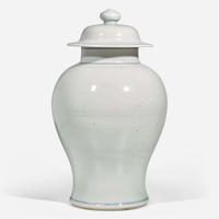 An unusual Chinese blue and white Buddhist jar and cover 青花蓋罐