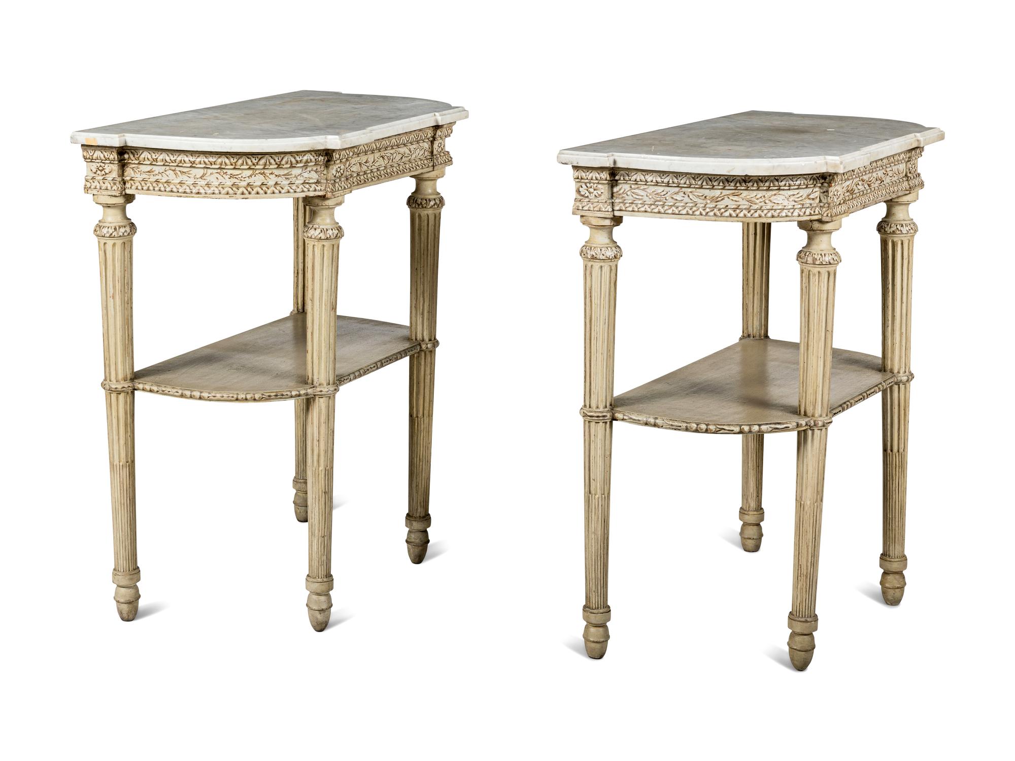 A Pair of Louis XVI Style Grisaille-Painted Console Tables
