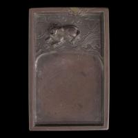 A Chinese carved "Duan" ink stone, colored ink sticks, and hardwood case 浮雕砚台墨条及硬木盒子 The stone Qing dynasty ?????
