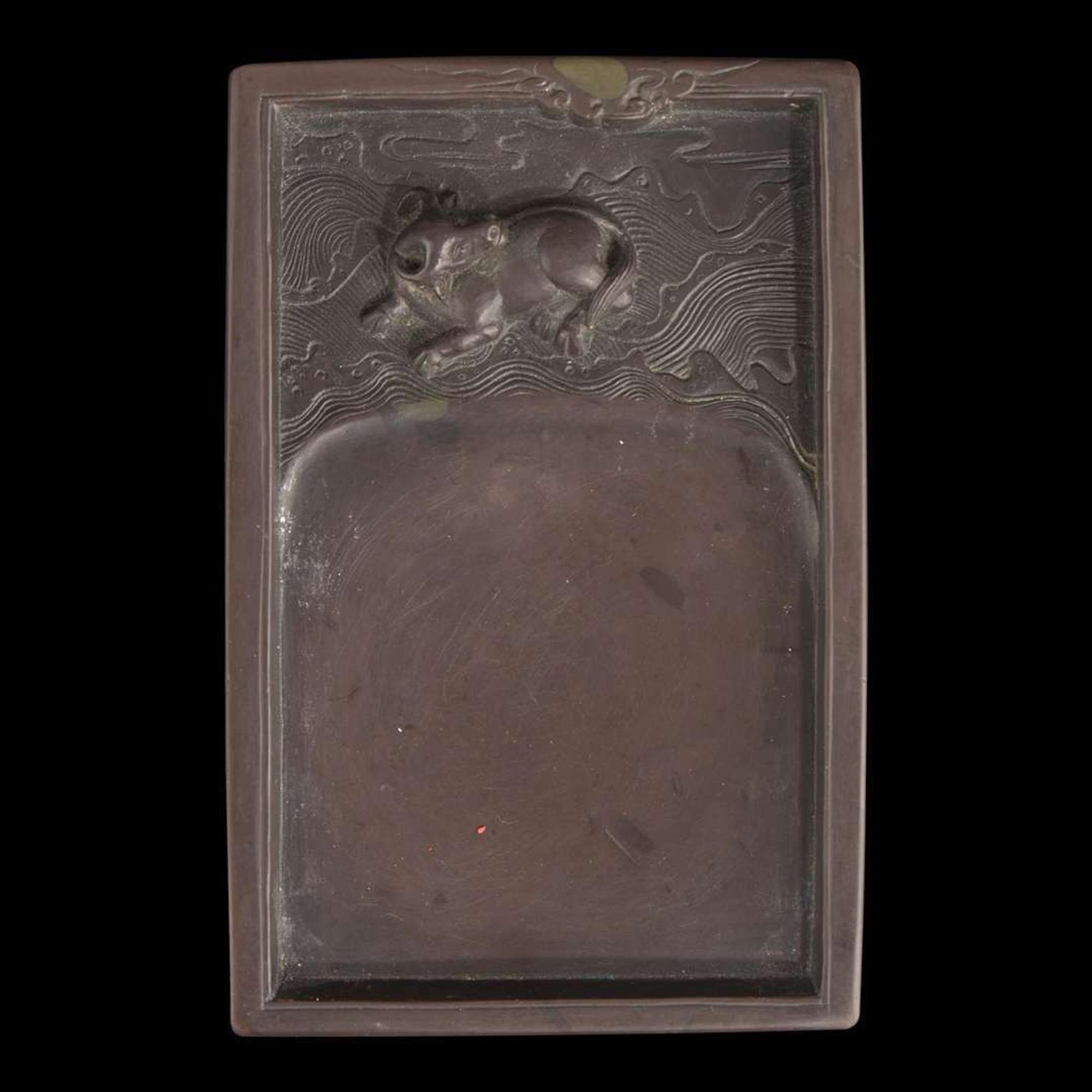 A Chinese carved "Duan" ink stone, colored ink sticks, and hardwood case 浮雕砚台墨条及硬木盒子 The stone Qing dynasty ?????