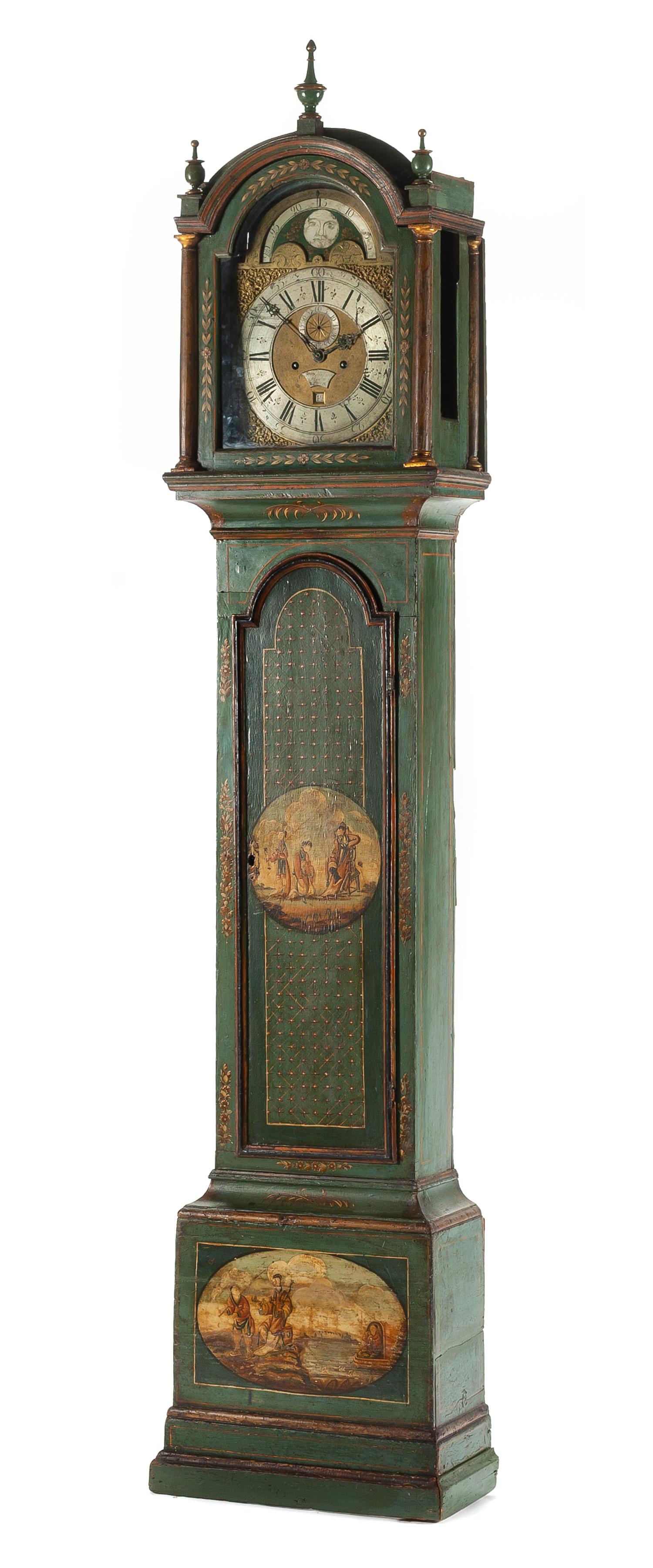 An English Painted Tall Case Clock Height 92 1/2 x width 20 1/2 x depth 10 1/2 inches. — 18TH/19TH CENTURY