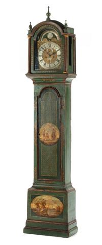 An English Painted Tall Case Clock Height 92 1/2 x width 20 1/2 x depth 10 1/2 inches. — 18TH/19TH CENTURY