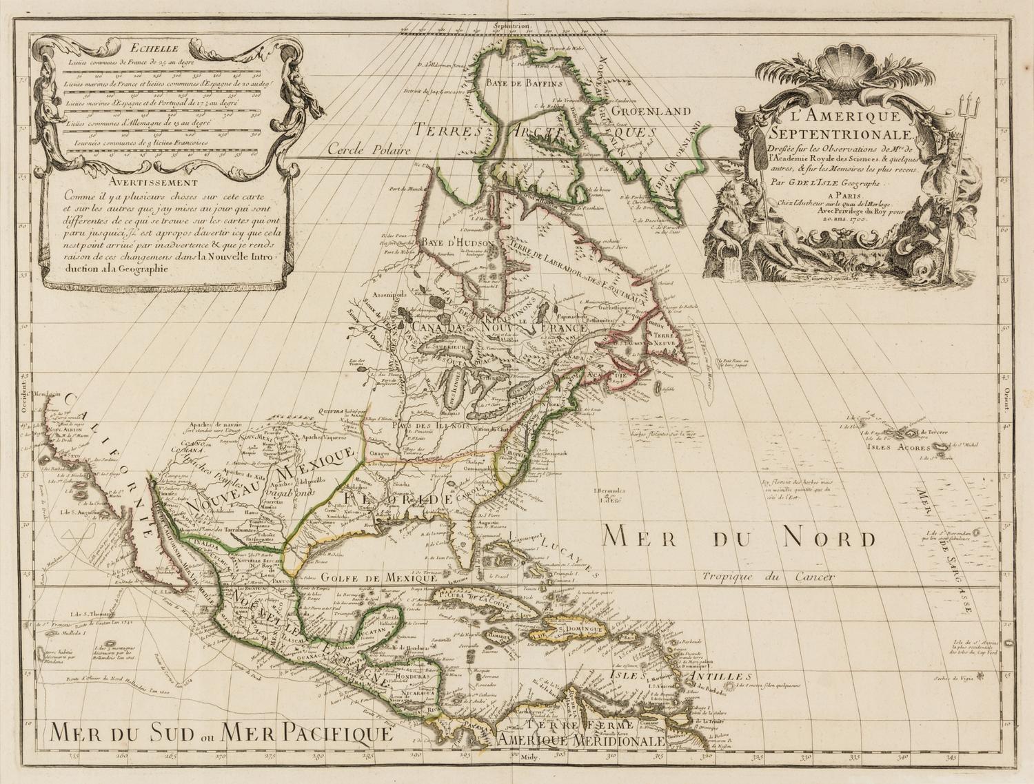(MAP) DELISLE, GUILLAUME. L'Amerique Septentrionale. Paris, [1708] Engraved map w/hand-coloring. First map to show the Sargossa Sea.