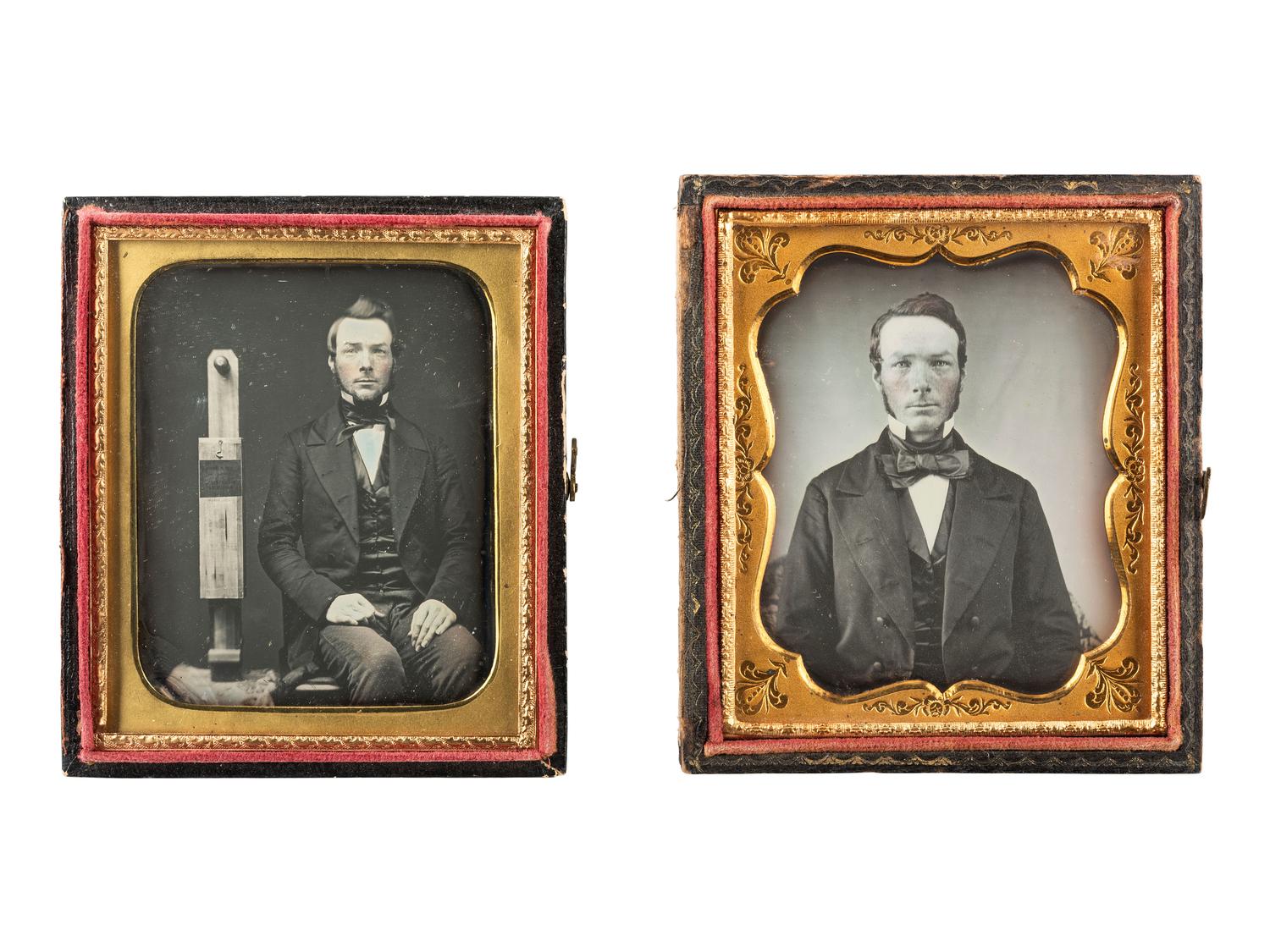 [EARLY PHOTOGRAPHY]. A group of 3 images, incl. sixth plate daguerreotypes of inventor Charles H. Dana seated next to his "Corn Planter."