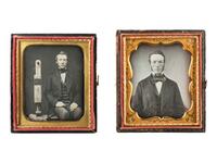 [EARLY PHOTOGRAPHY]. A group of 3 images, incl. sixth plate daguerreotypes of inventor Charles H. Dana seated next to his "Corn Planter."