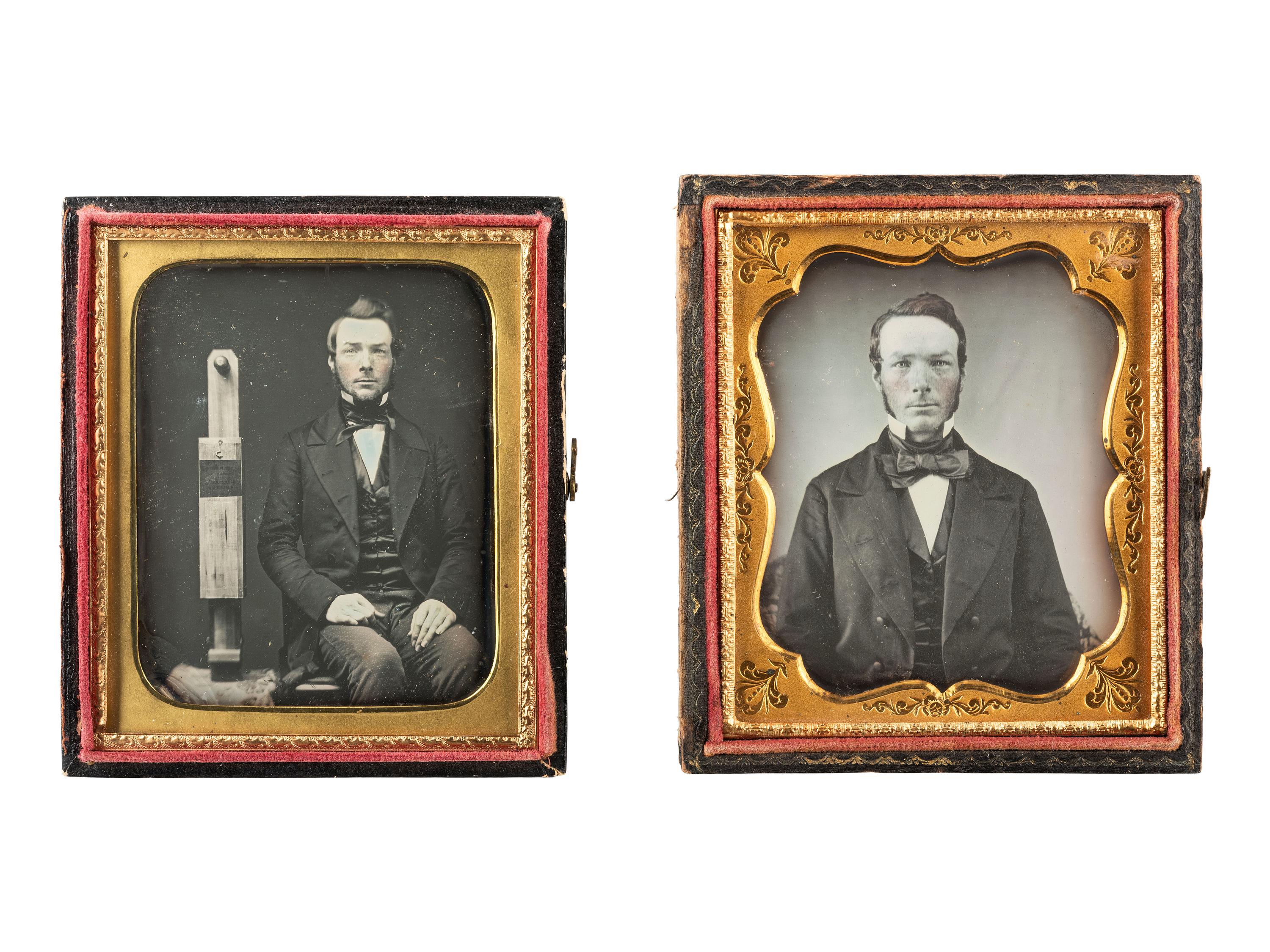 [EARLY PHOTOGRAPHY]. A group of 3 images, incl. sixth plate daguerreotypes of inventor Charles H. Dana seated next to his "Corn Planter."
