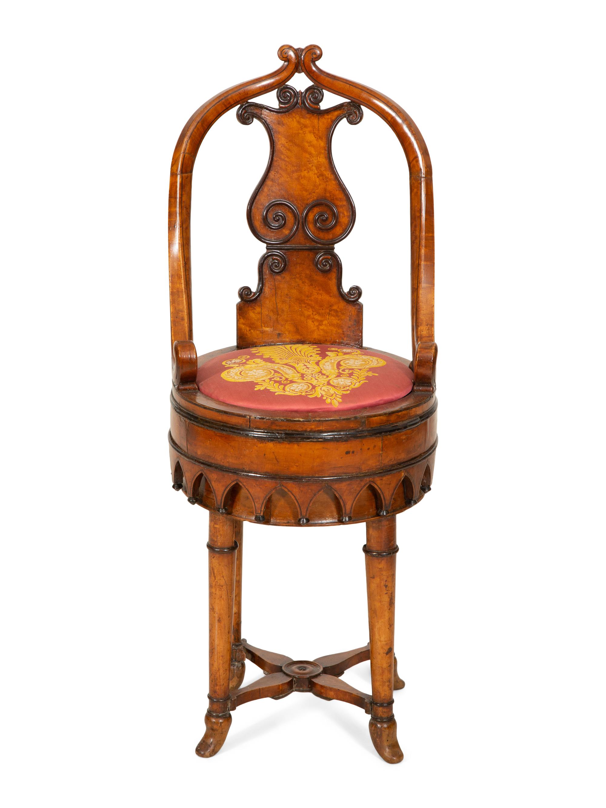 A Continental Parcel Ebonized Burled Walnut Music Chair