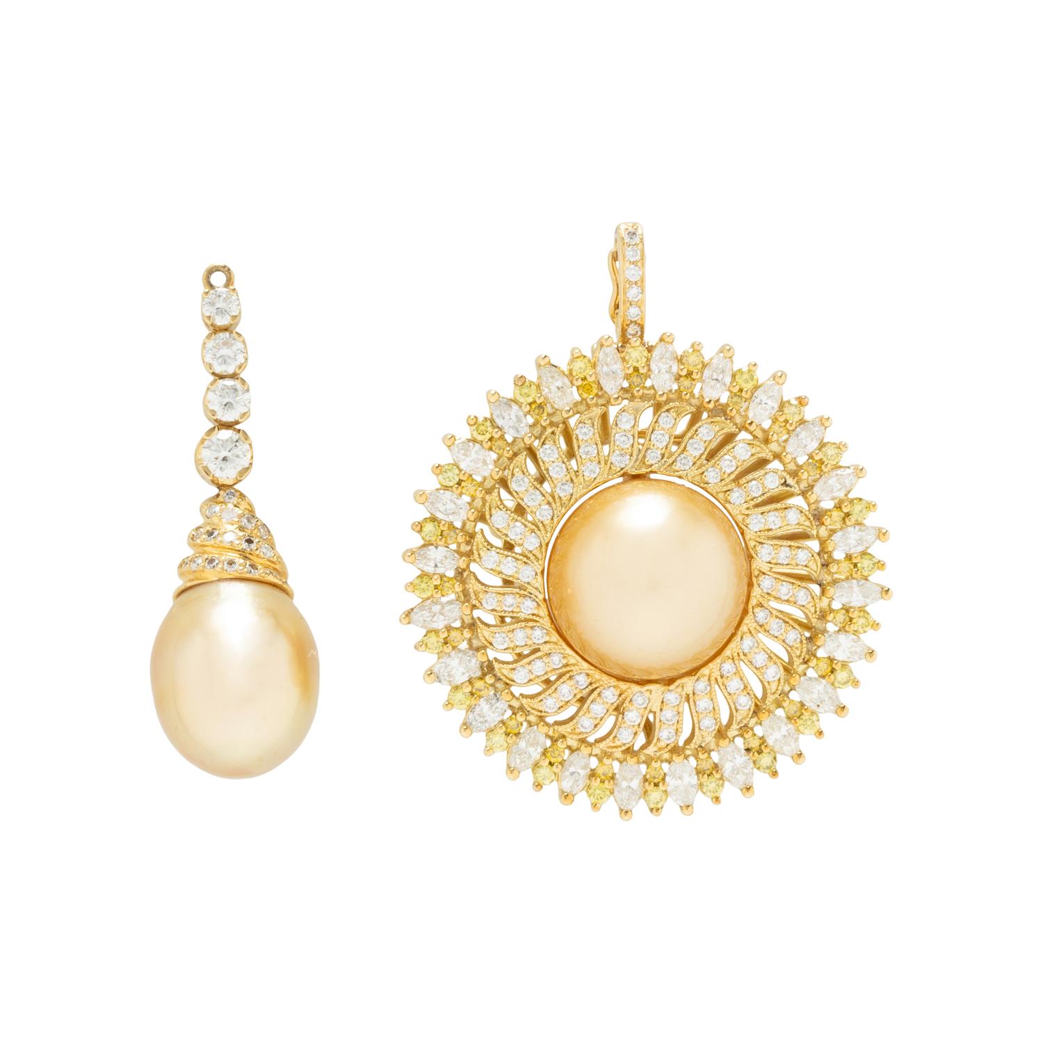 YELLOW GOLD, CULTURED PEARL, YELLOW DIAMOND, AND DIAMOND JEWELRY SUITE