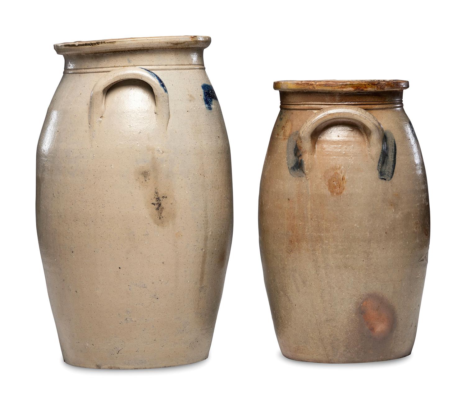 Two Ovoid Stoneware Crocks or Churns