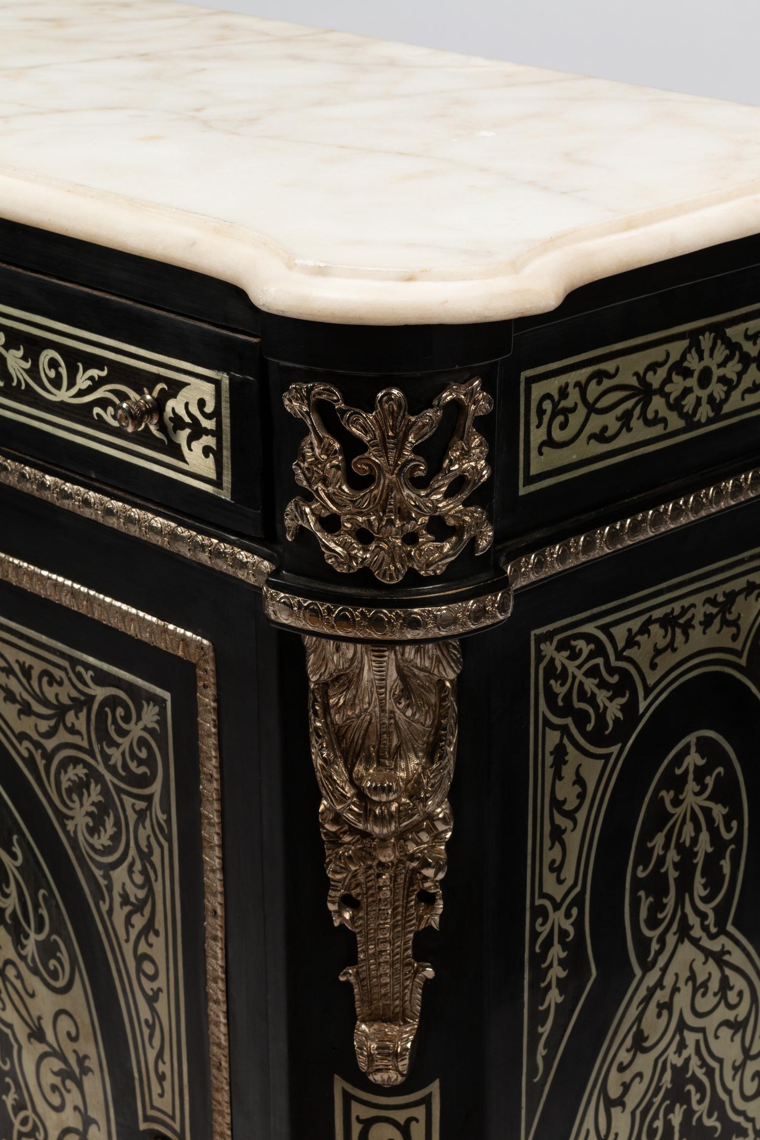 A Pair of Napoleon III Style Pewter Inlaid Marble-Top Cabinets