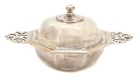 An English Silver Octagonal Serving Bowl, Charles Stuart Harris, London, 1911, having pierced porringer style handles, insert