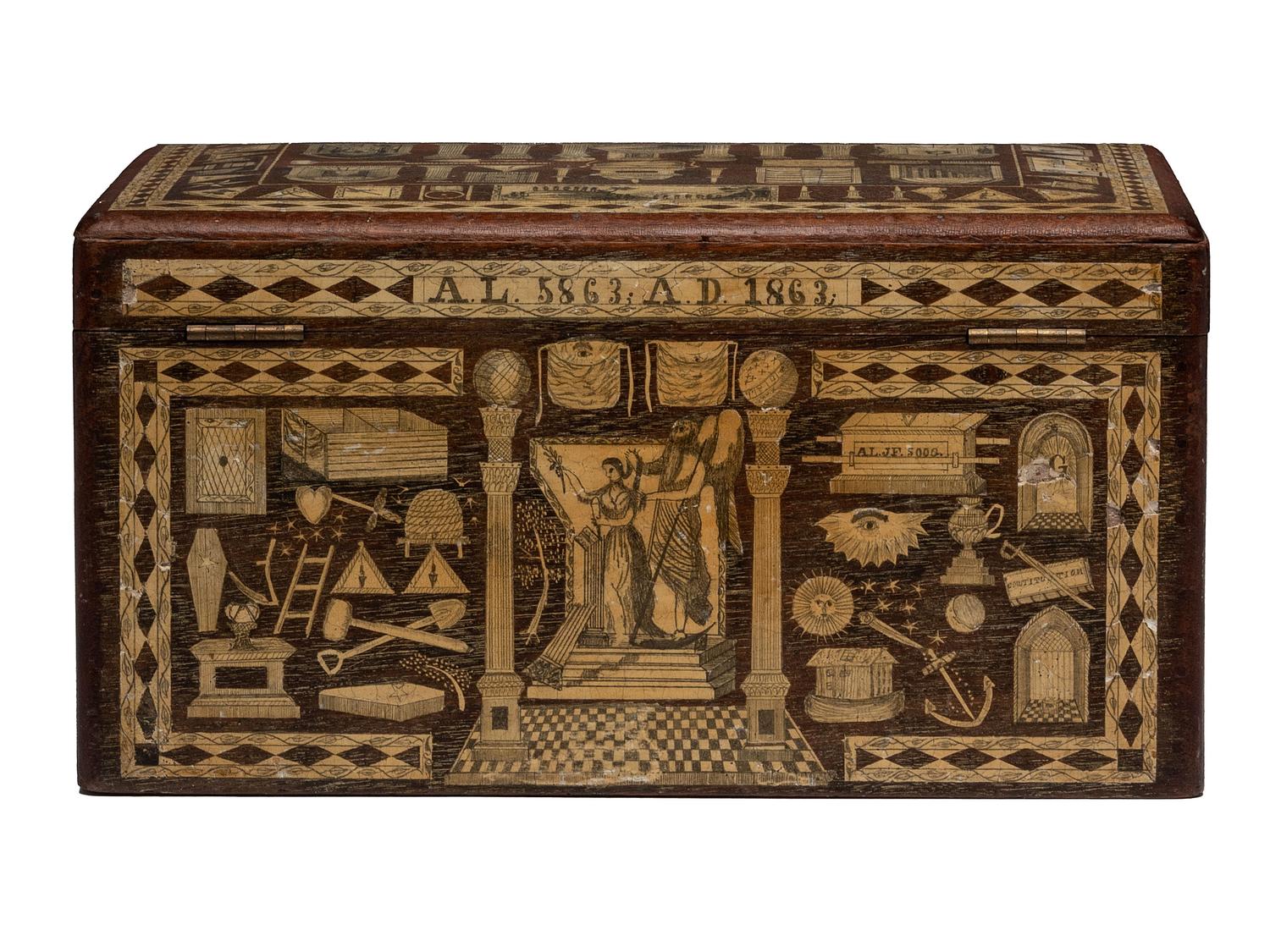 An American Scottish Rite Masonic-Decorated Sulphur Inlaid and Penwork Walnut Cash Box