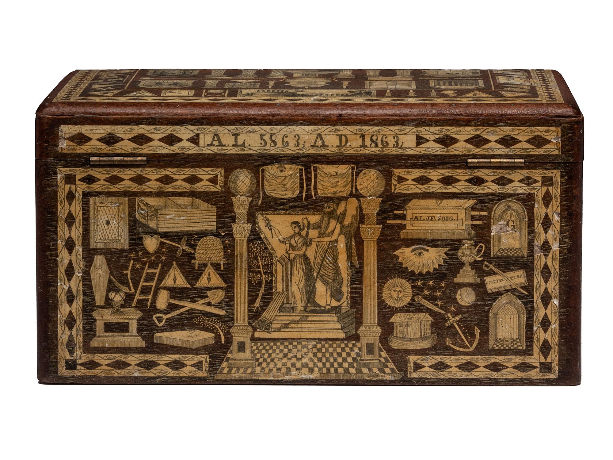 An American Scottish Rite Masonic-Decorated Sulphur Inlaid and Penwork Walnut Cash Box