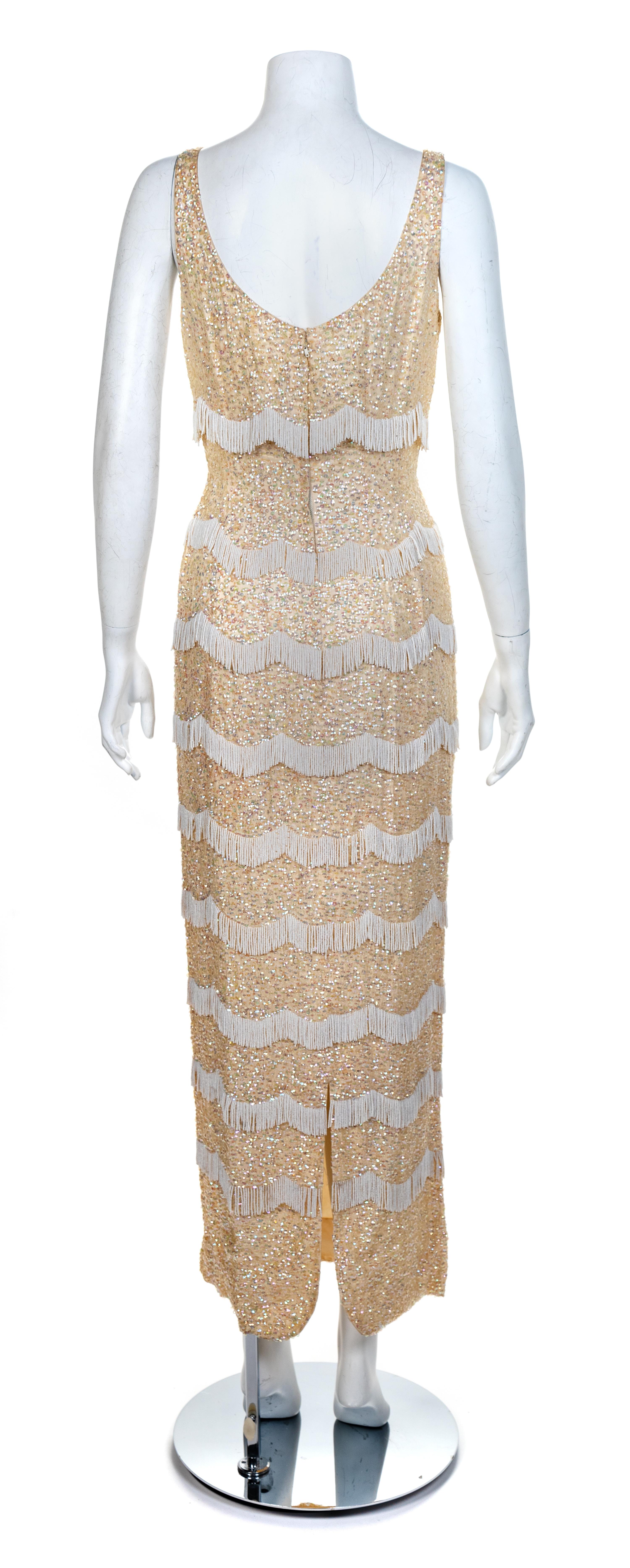 Ivory Beaded Fringe and Sequin Dress, 1960s