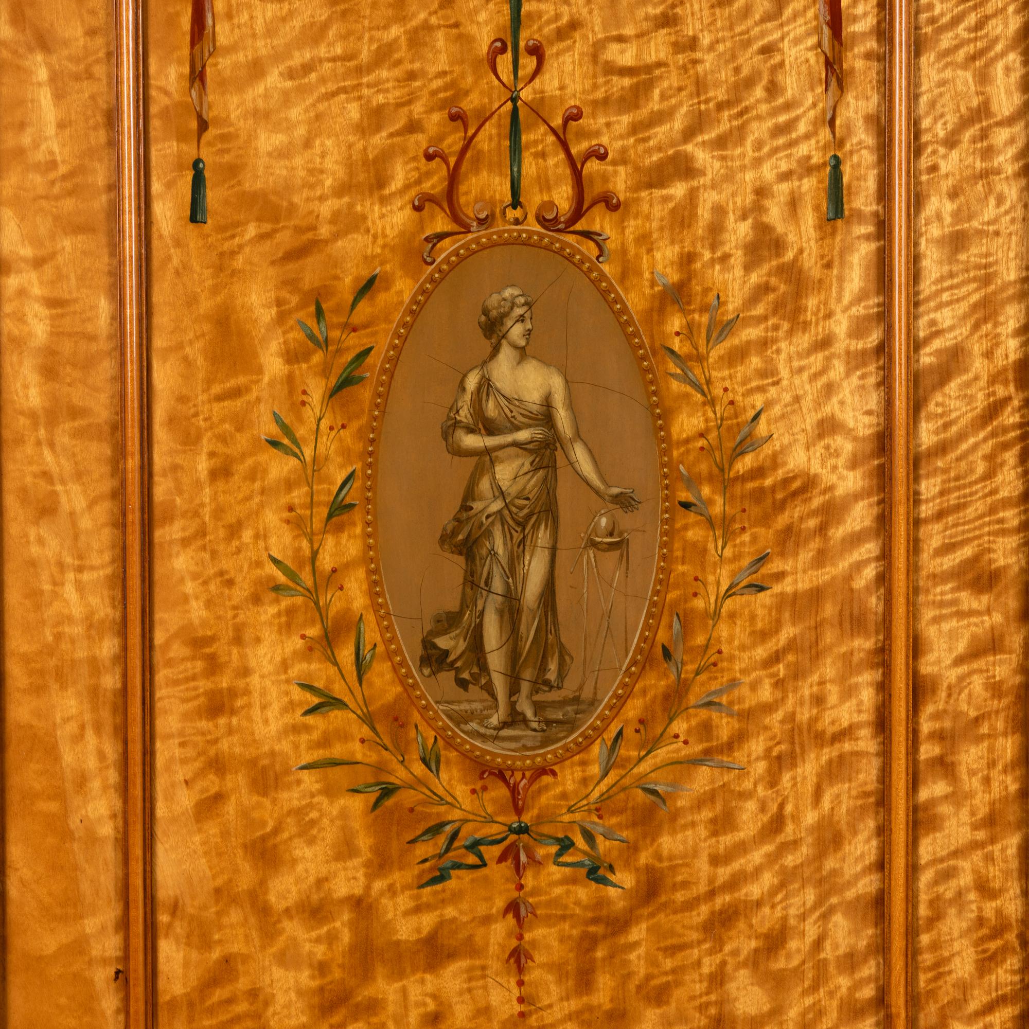 A Fine Edwardian Satinwood and Polychrome Painted Two-Part Serving Cabinet