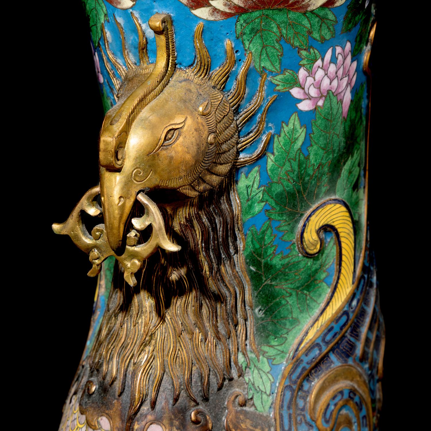 A Pair of Chinese Cloisonné Enamel Phoenix Vases, 20th Century — 近代 掐絲琺琅鳳尾觥一對