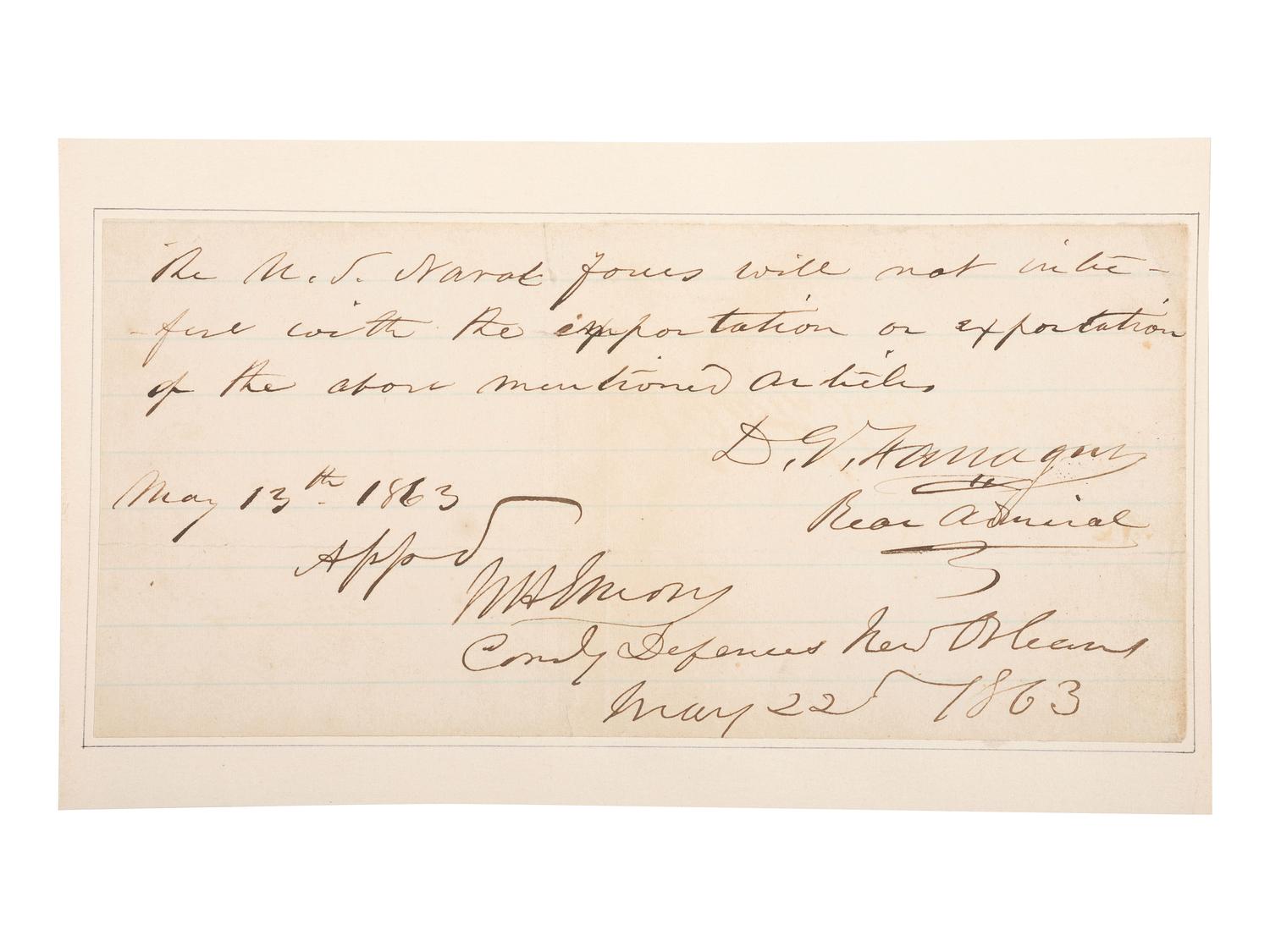 [CIVIL WAR]. FARRAGUT, David Glasgow (1801-1870). Autograph note signed ("D.G. Farragut"), as Rear Admiral. 13 May 1863.