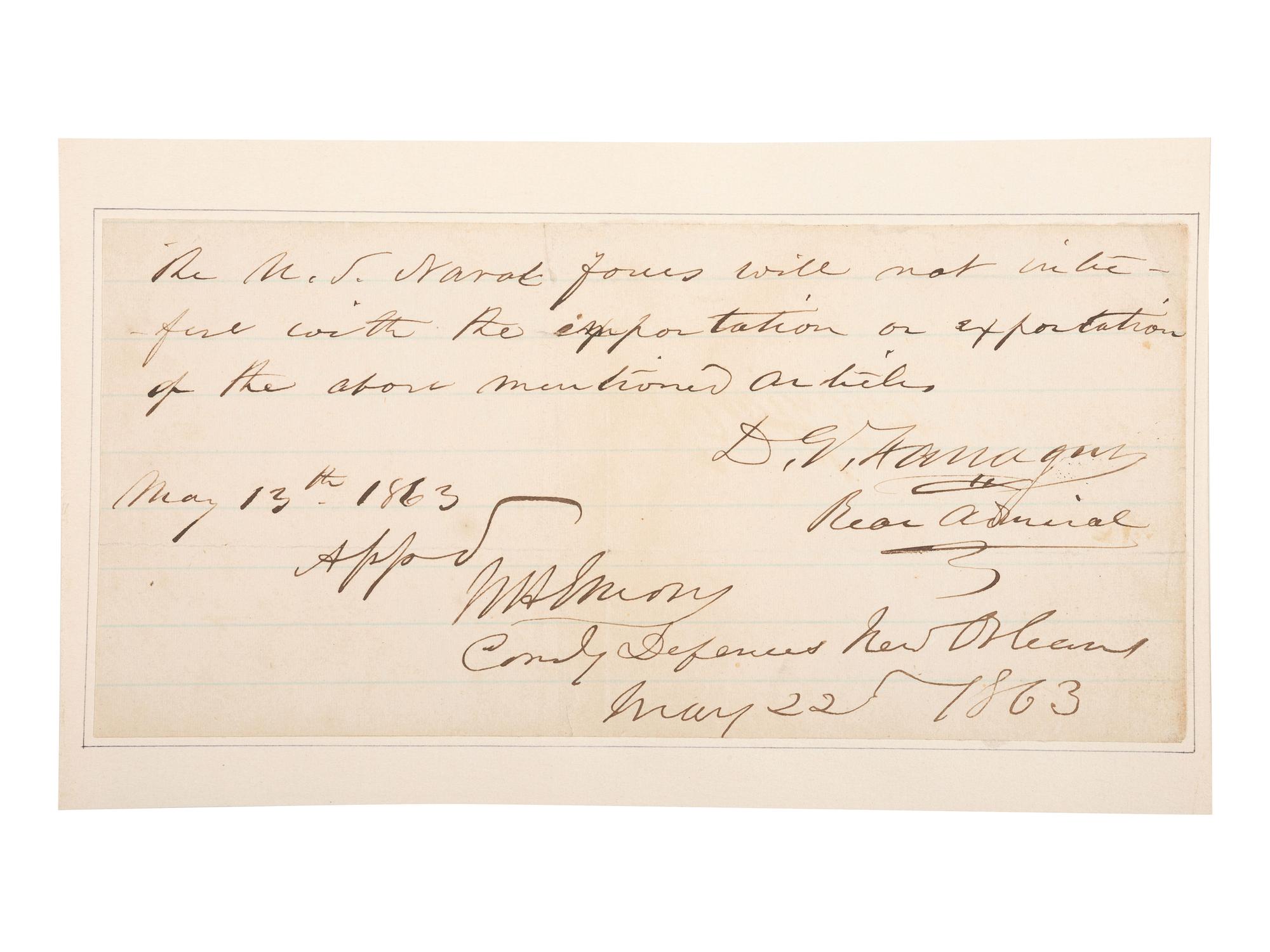 [CIVIL WAR]. FARRAGUT, David Glasgow (1801-1870). Autograph note signed ("D.G. Farragut"), as Rear Admiral. 13 May 1863.