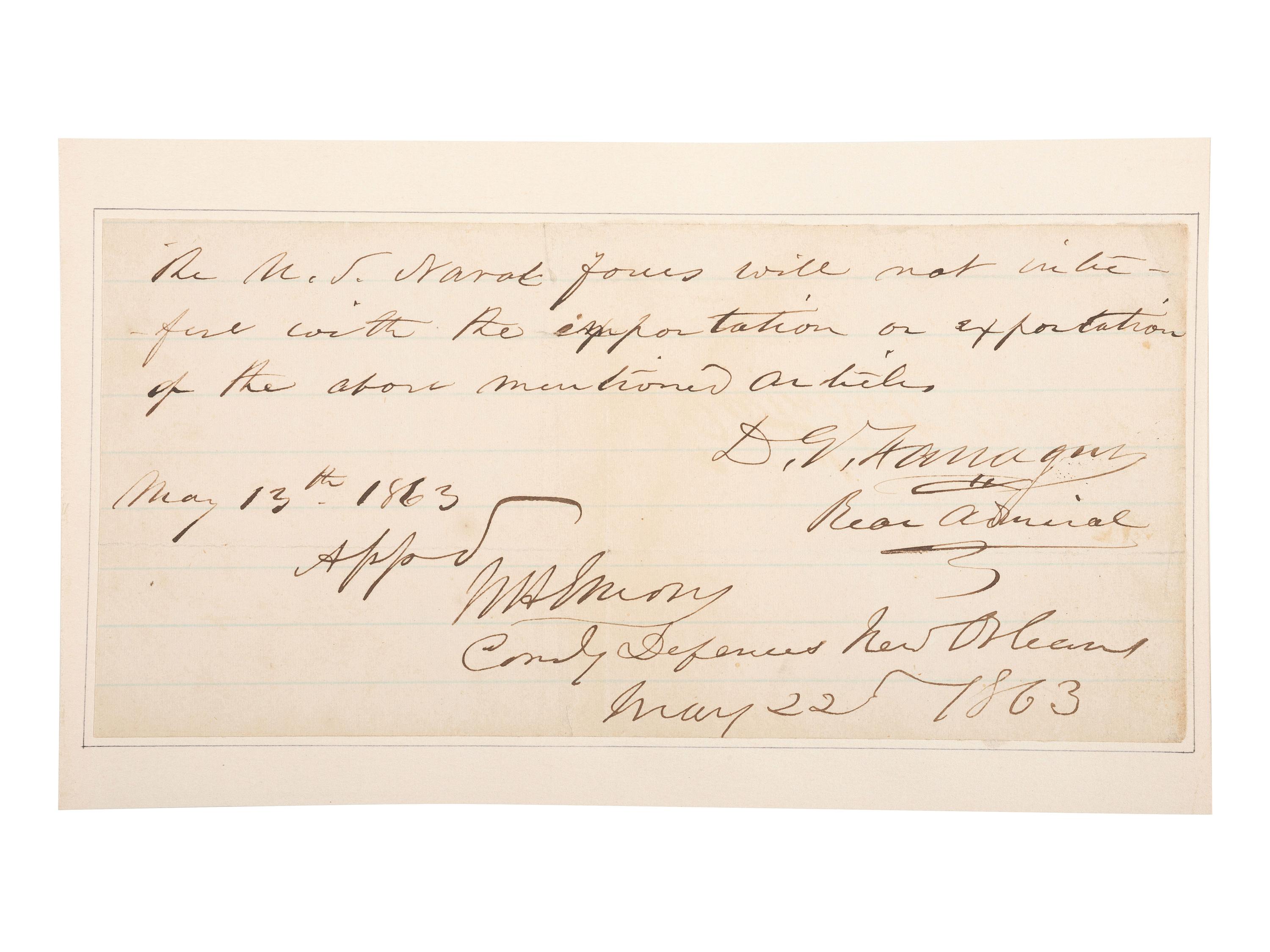 [CIVIL WAR]. FARRAGUT, David Glasgow (1801-1870). Autograph note signed ("D.G. Farragut"), as Rear Admiral. 13 May 1863.