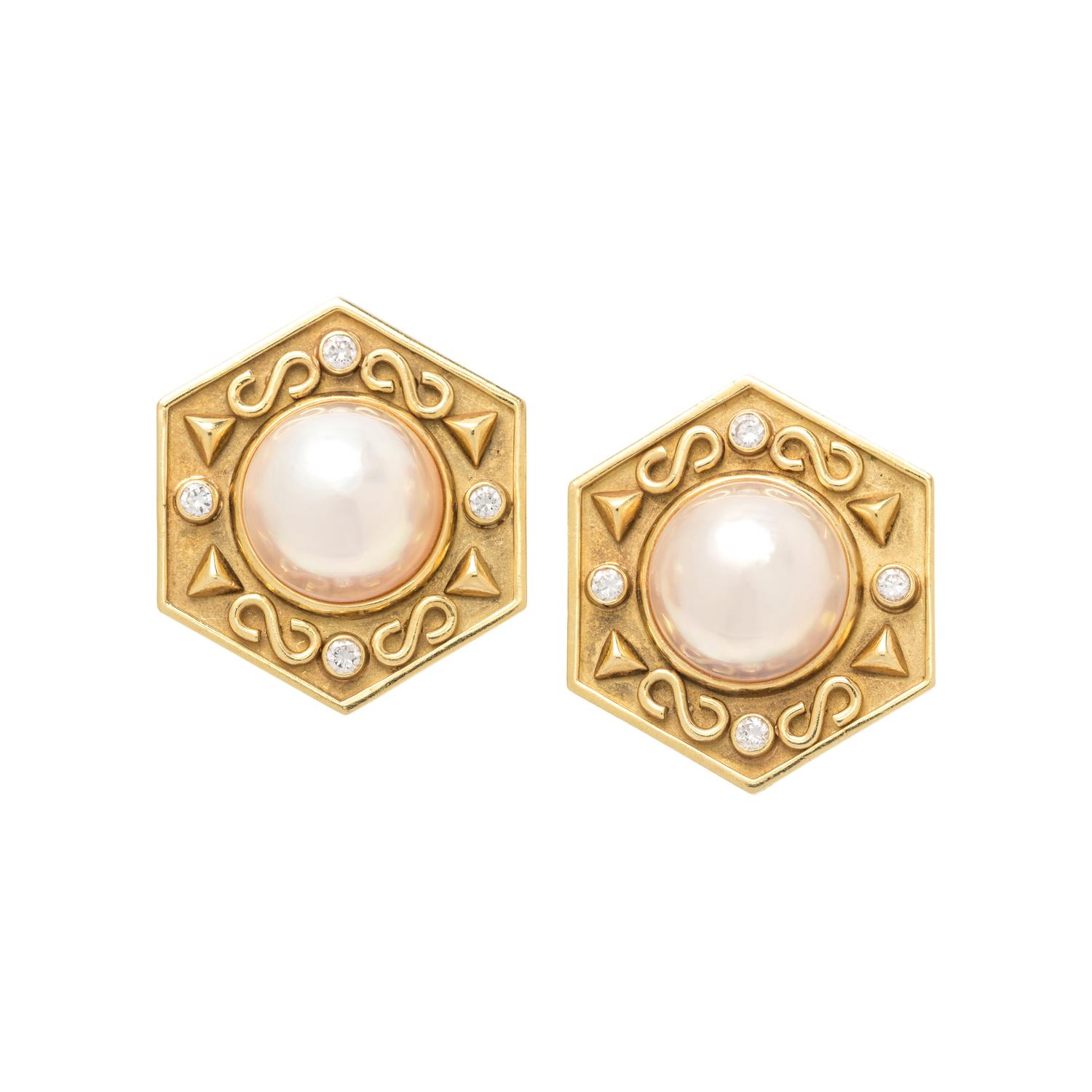 YELLOW GOLD, CULTURED MABE PEARL AND DIAMOND EARCLIPS