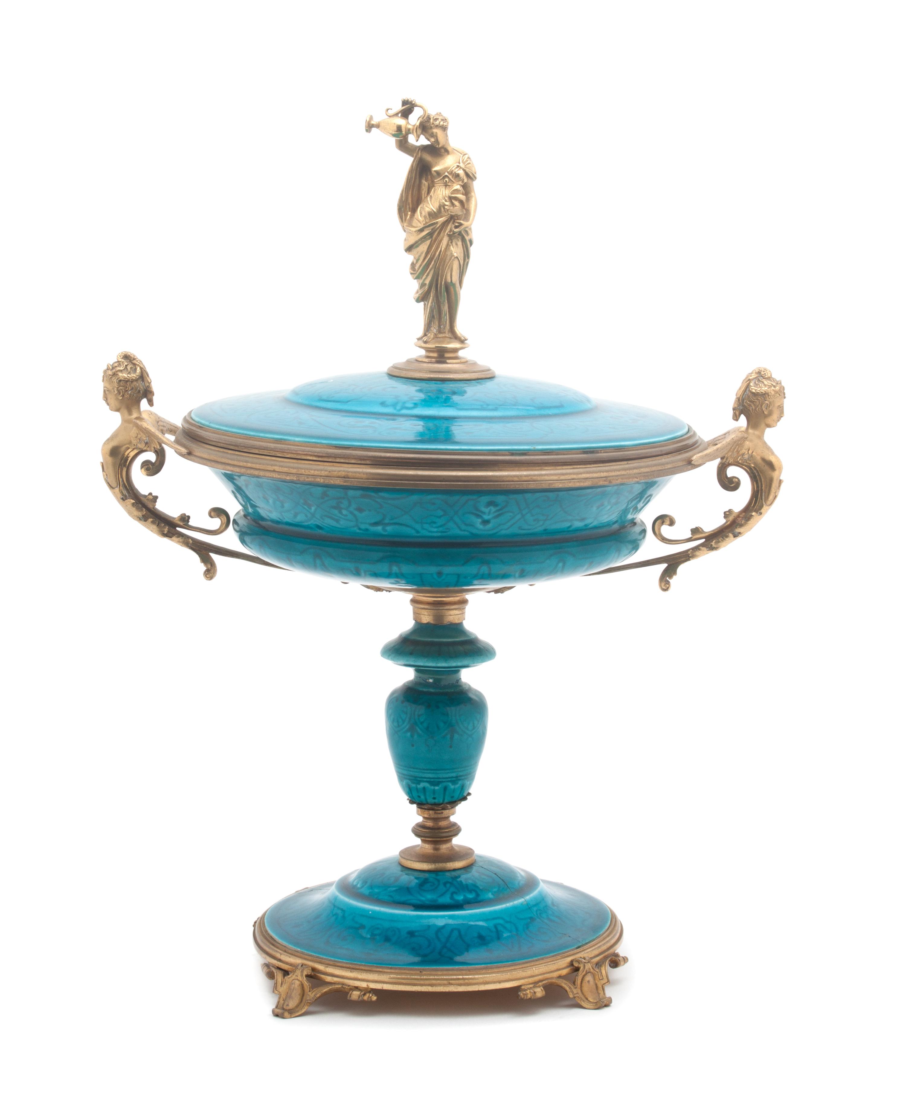 A Continental Gilt Bronze Mounted Ceramic Tazza Height 14 3/4 inches. — 19TH/20TH CENTURY