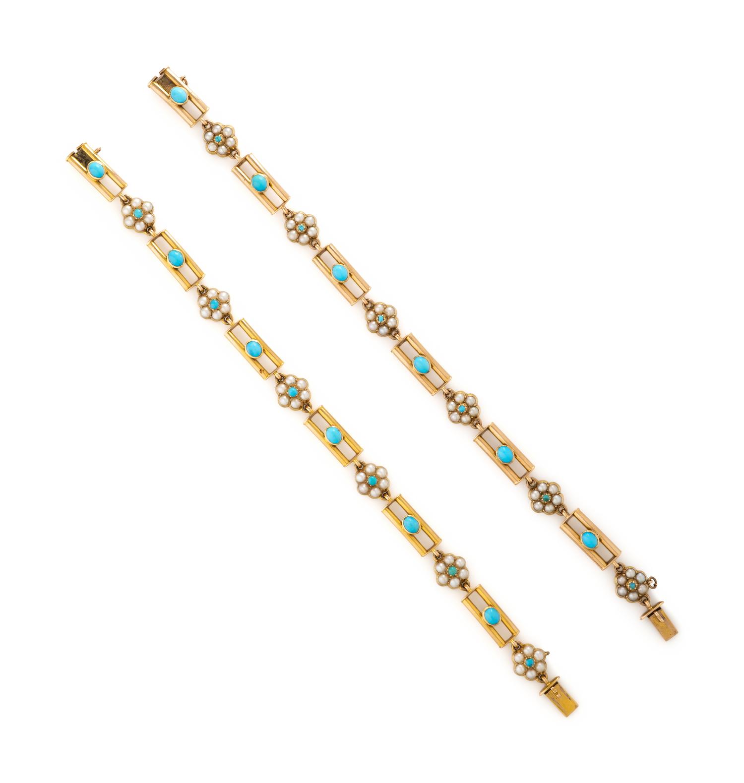 ANTIQUE, PAIR OF TURQUOISE, SEED PEARL, AND YELLOW GOLD BRACELETS