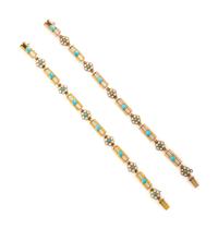 ANTIQUE, PAIR OF TURQUOISE, SEED PEARL, AND YELLOW GOLD BRACELETS