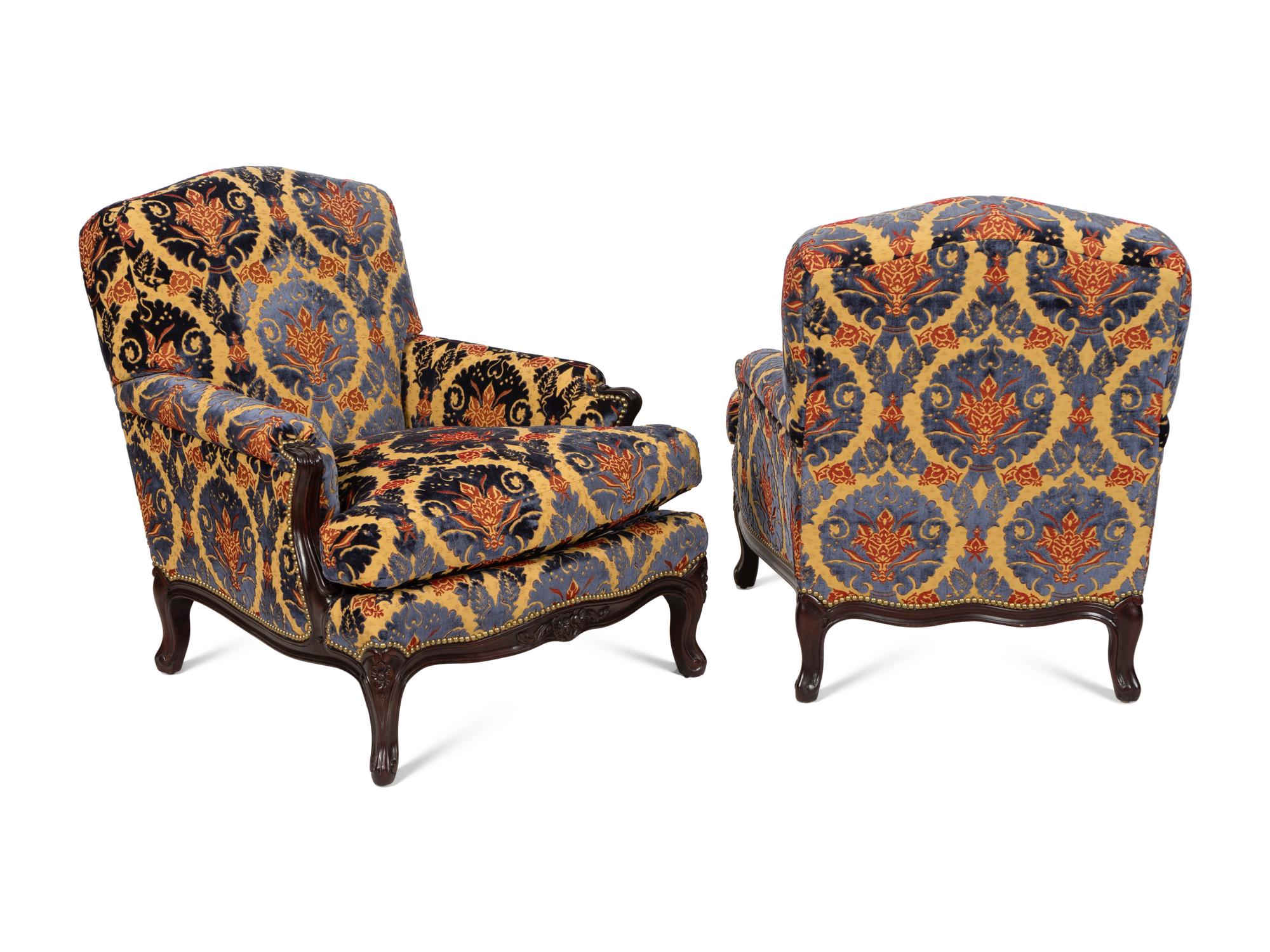A Pair of Ralph Lauren Louis XV Style Mahogany Bergères with Custom Upholstery