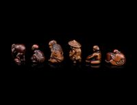 Six Japanese Carved Wood and Bamboo Figural-Form Netsuke