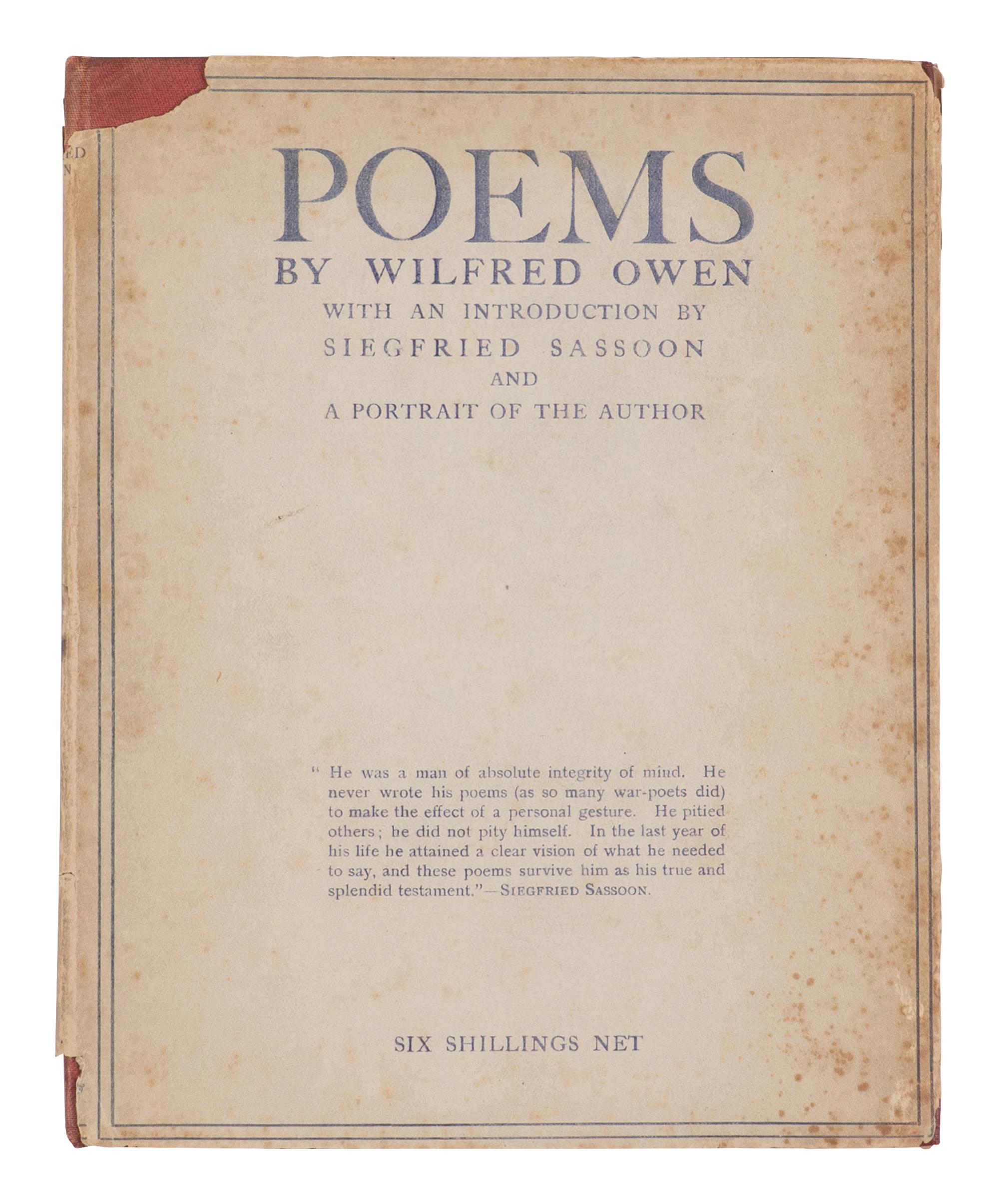 OWEN, Wilfred (1893-1918). Poems. London: Chatto & Windus, 1920.