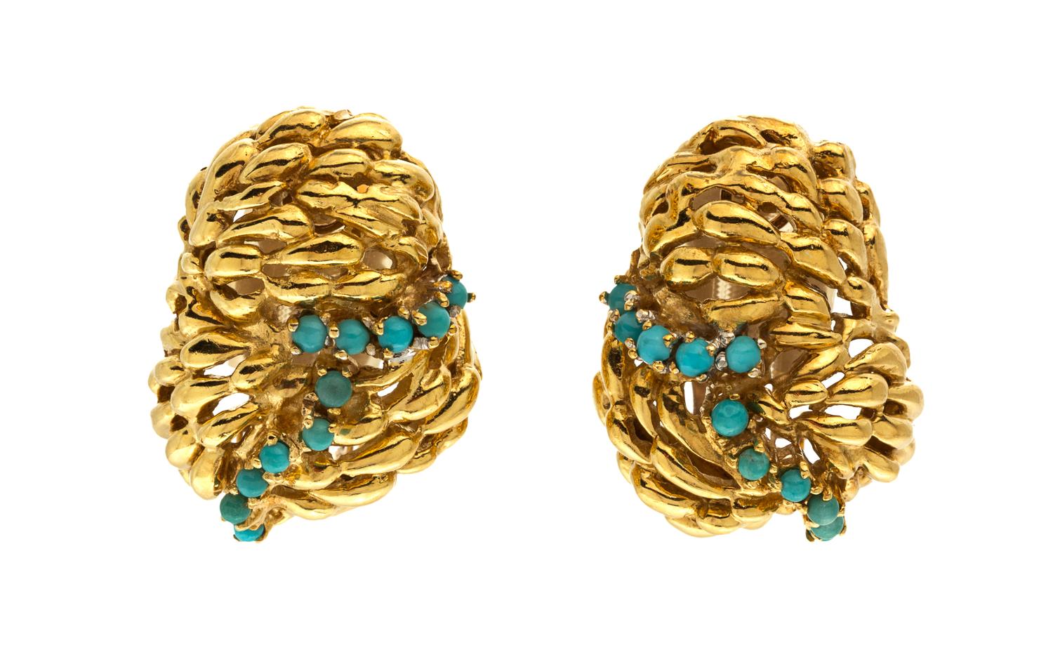 A Pair of 18 Karat Yellow Gold and Turquoise Earclips, 16.70 dwts.