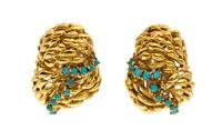 A Pair of 18 Karat Yellow Gold and Turquoise Earclips, 16.70 dwts.