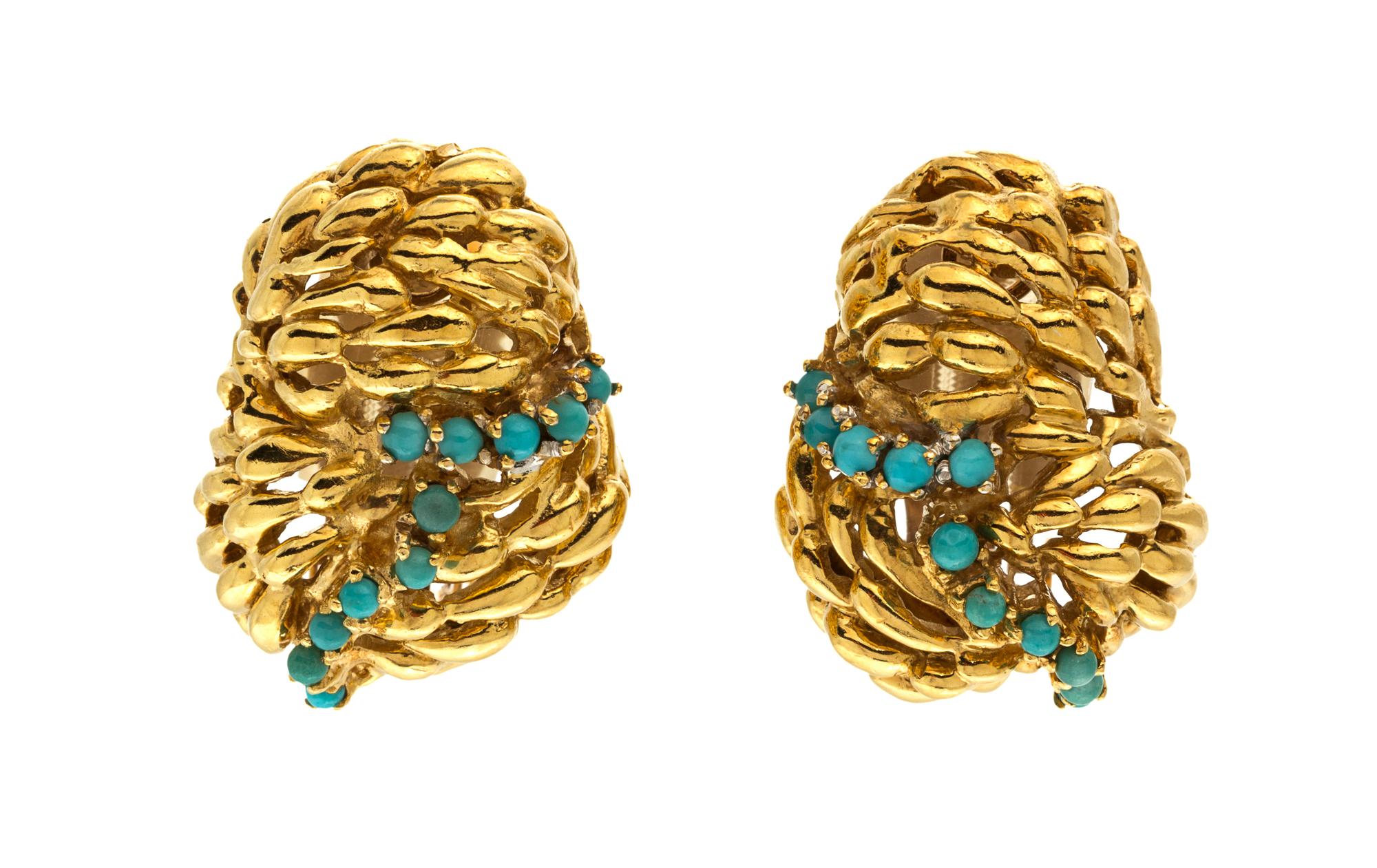 A Pair of 18 Karat Yellow Gold and Turquoise Earclips, 16.70 dwts.