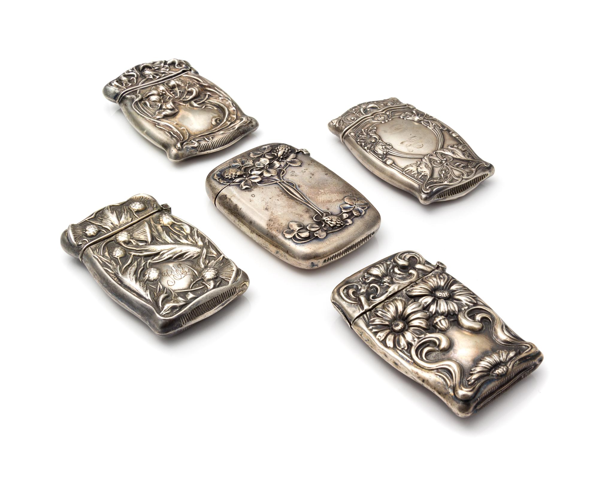 A Collection of Five American Silver Vesta Cases, Various Makers, comprising an example by William B. Kerr & Co., Newark, NJ with a clo
