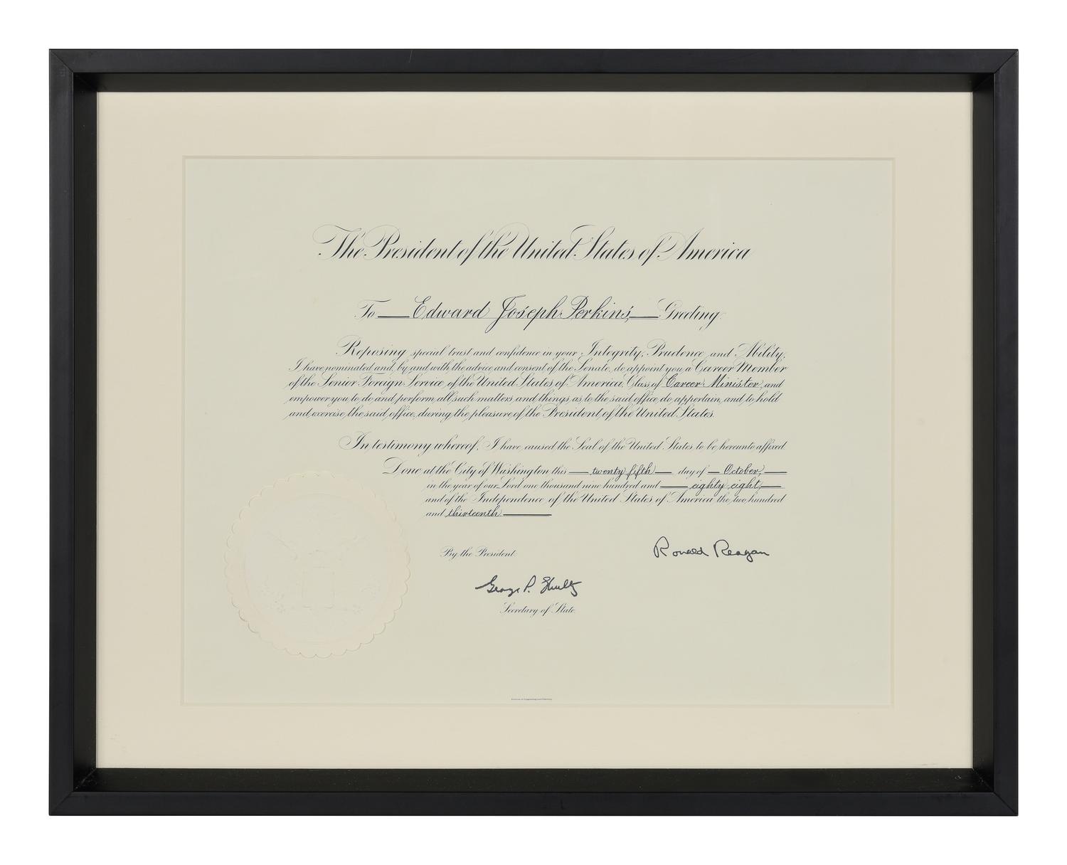 [POLITICS]. [PERKINS, Edward Joseph (1928-2020)]. A group of 9 appointments by Presidents Reagan, Bush, Clinton, and Bush to Perkins, presumably with secretarial or facsimile signatures, including: