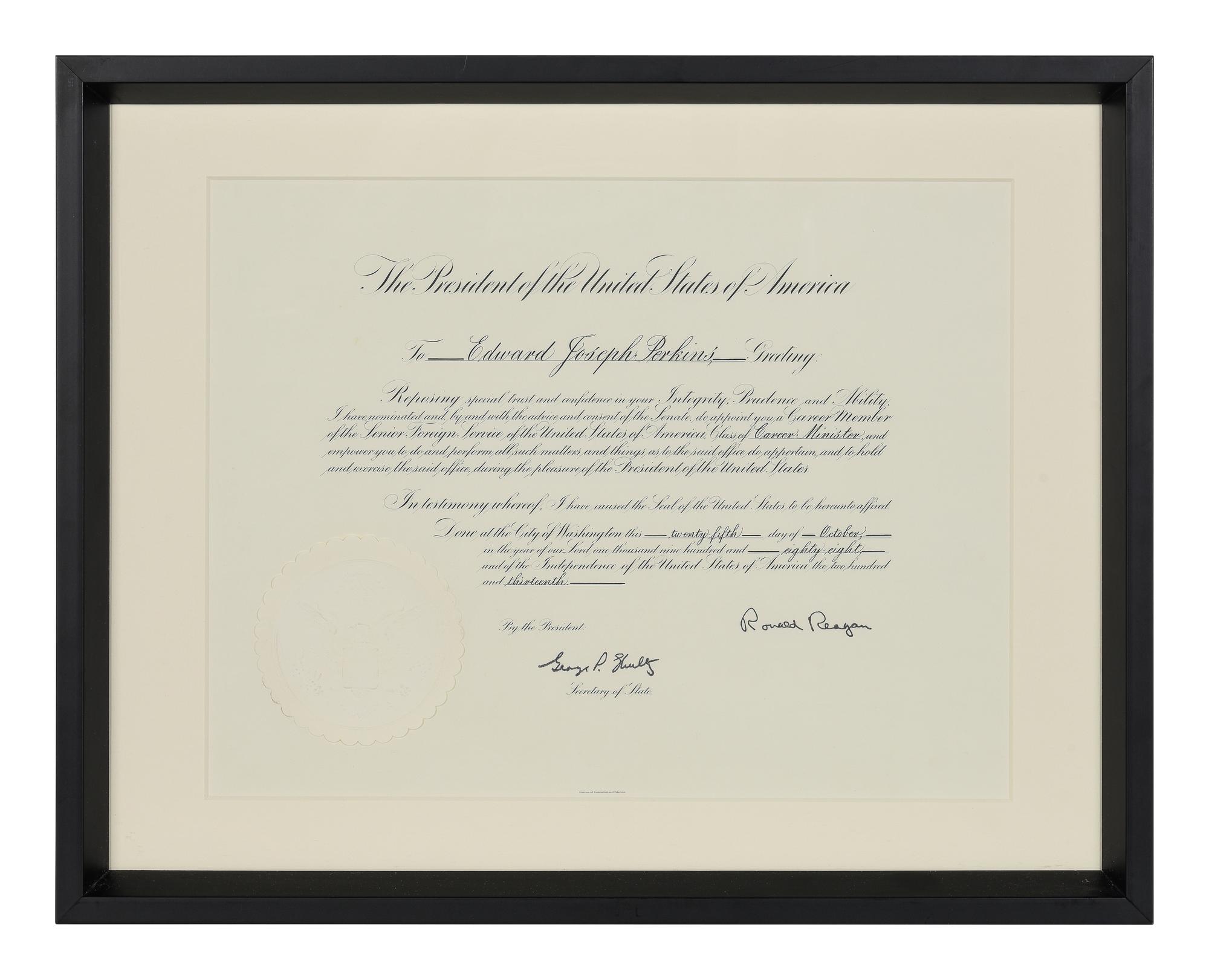 [POLITICS]. [PERKINS, Edward Joseph (1928-2020)]. A group of 9 appointments by Presidents Reagan, Bush, Clinton, and Bush to Perkins, presumably with secretarial or facsimile signatures, including: