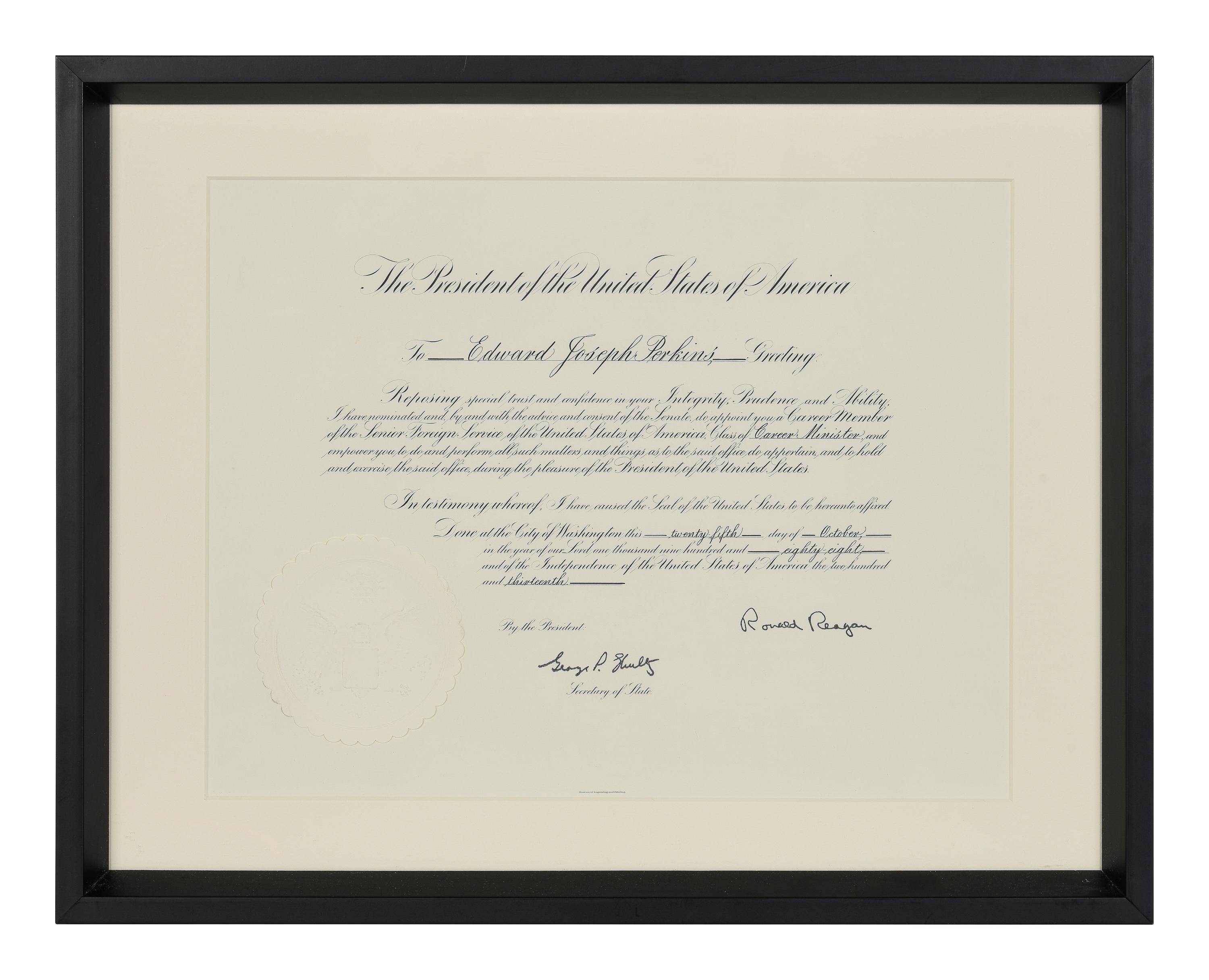 [POLITICS]. [PERKINS, Edward Joseph (1928-2020)]. A group of 9 appointments by Presidents Reagan, Bush, Clinton, and Bush to Perkins, presumably with secretarial or facsimile signatures, including: