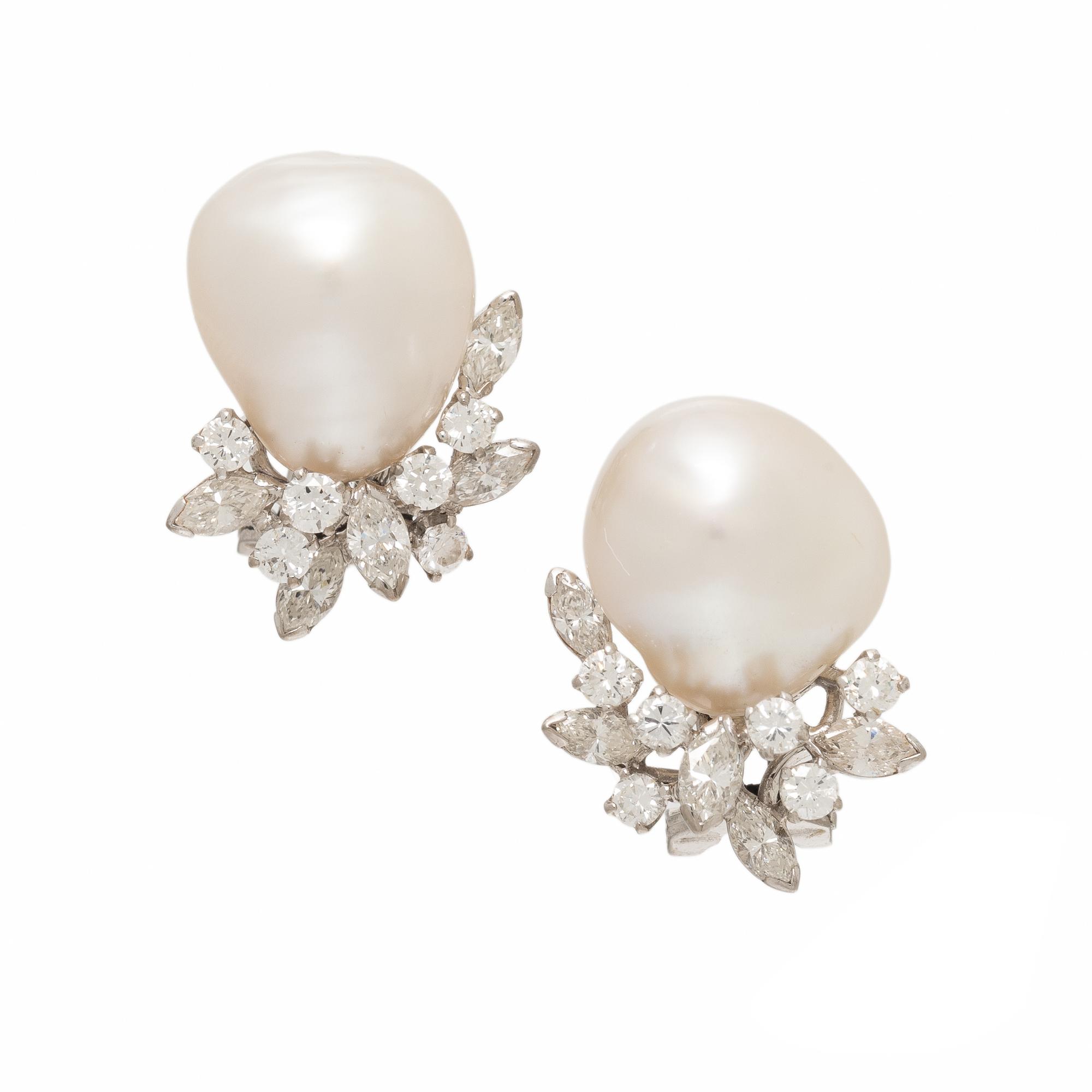 Cultured Pearl, Diamond, and White Gold Earrings