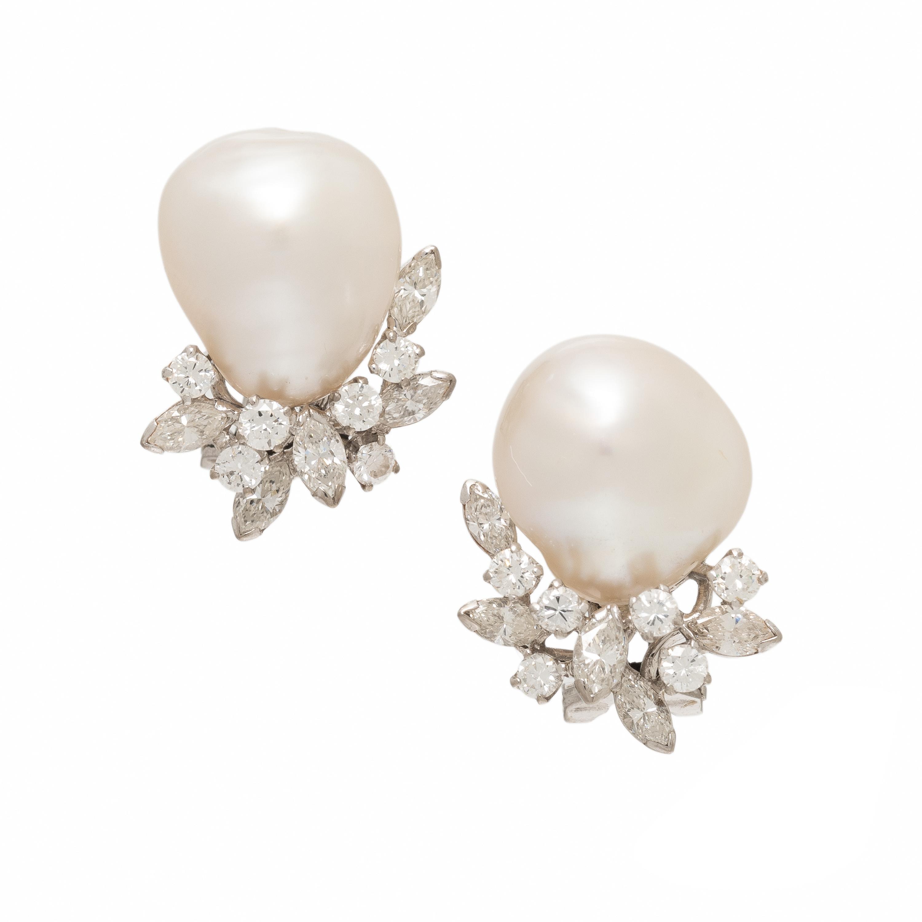Cultured Pearl, Diamond, and White Gold Earrings