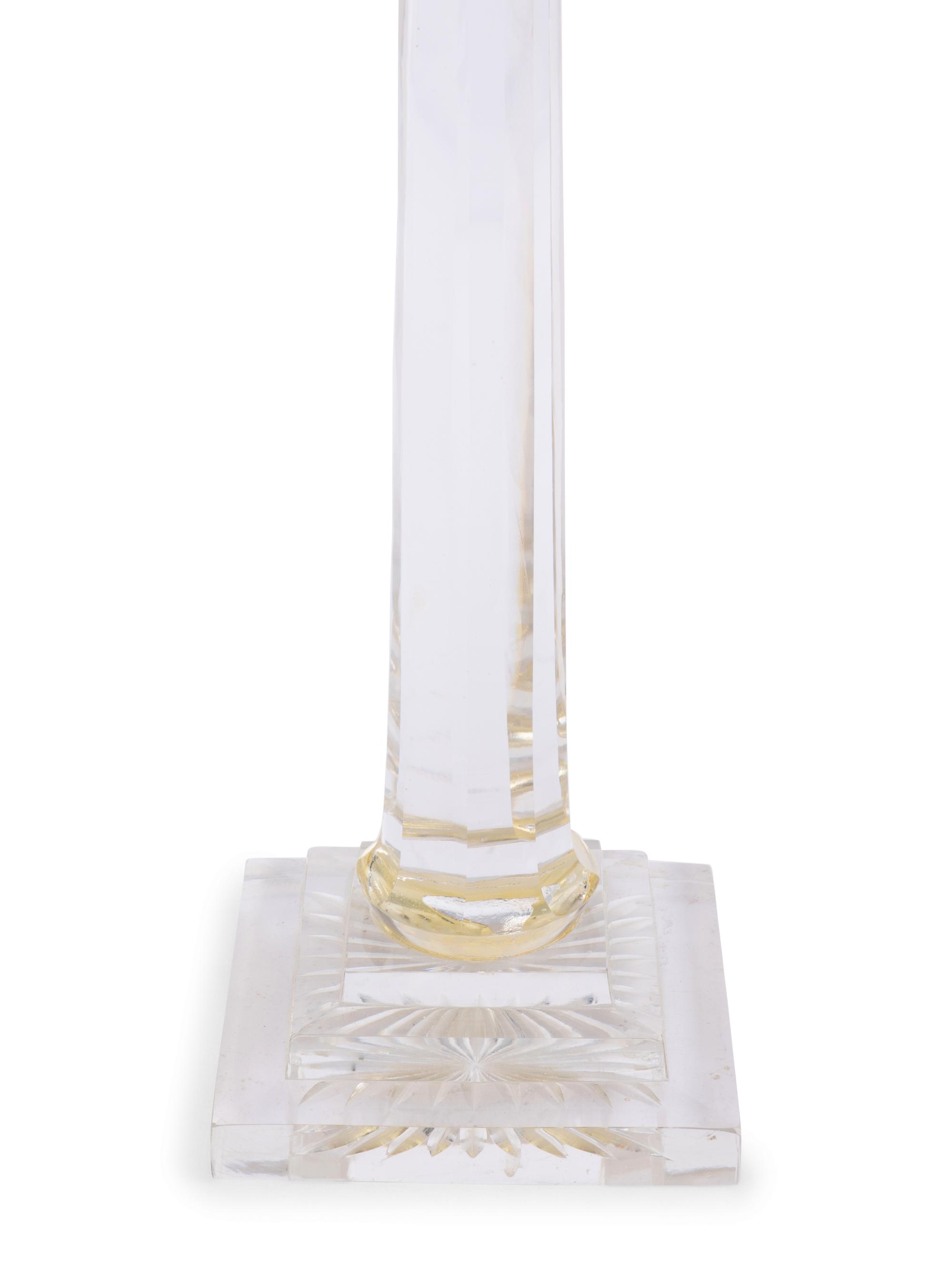 A Pair of Brass Mounted Cut Glass Columnar able Lamps