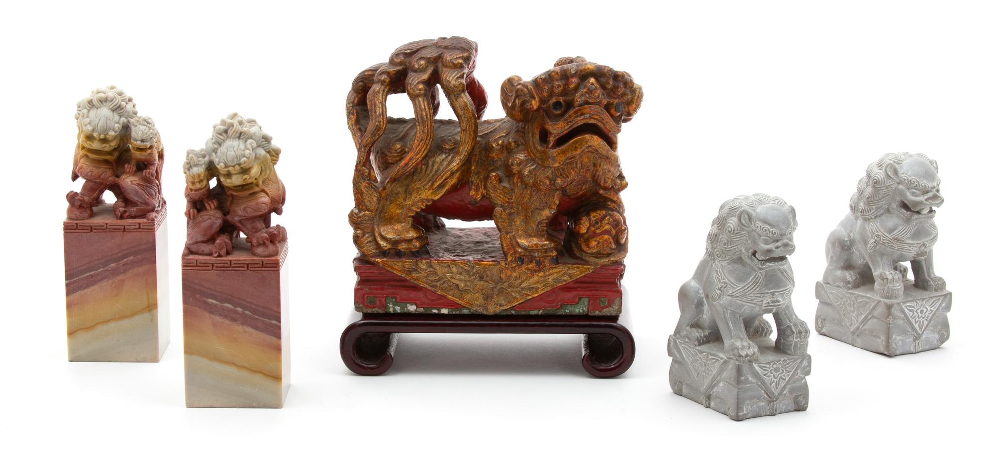 Two Pairs of Chinese Fu Dog Seals and a Red and Gilt Lacquer Stone Fu Dog Ornment