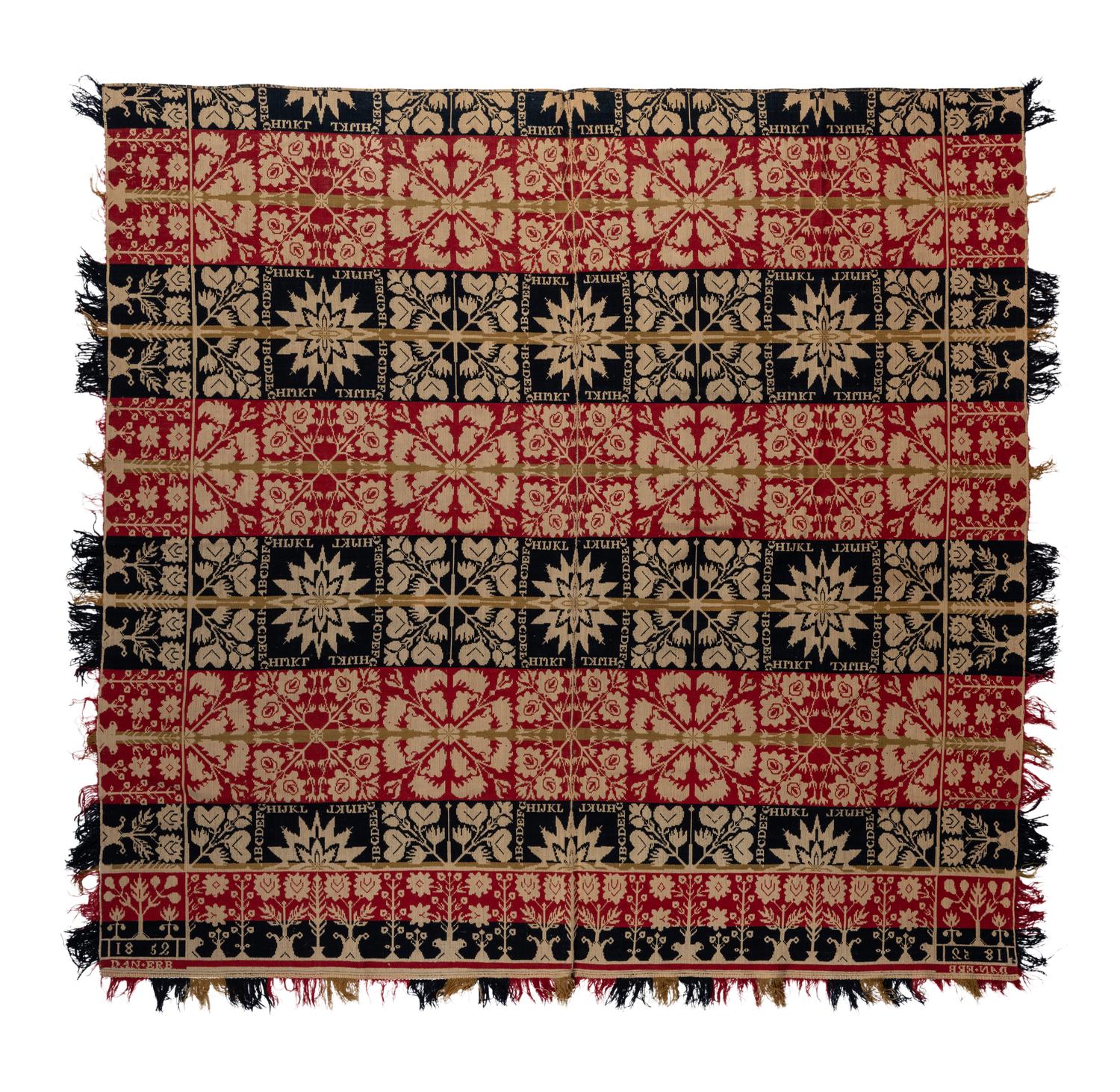 An Alphabet and Foliate Medallion Jacquard Coverlet
