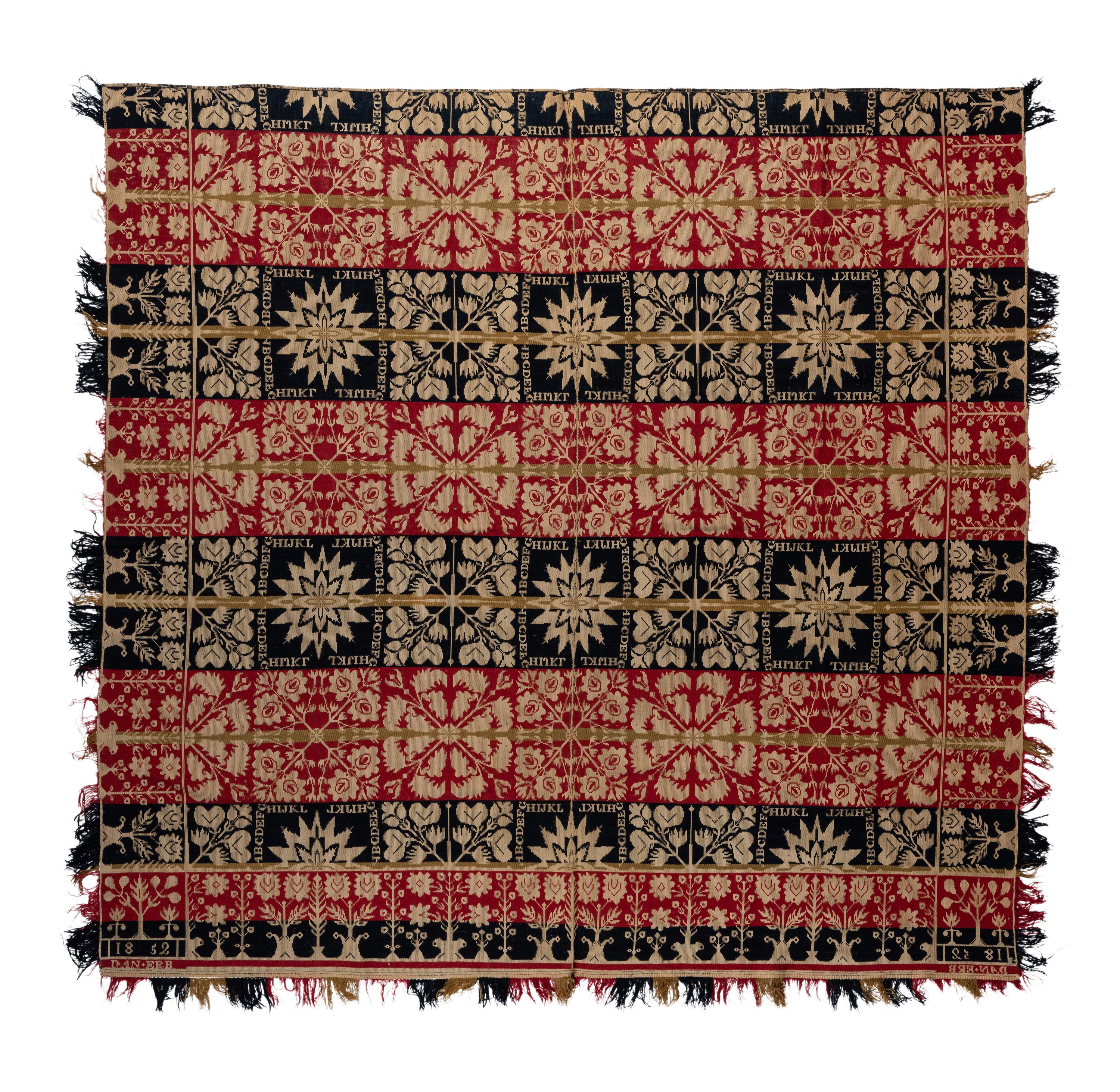 An Alphabet and Foliate Medallion Jacquard Coverlet