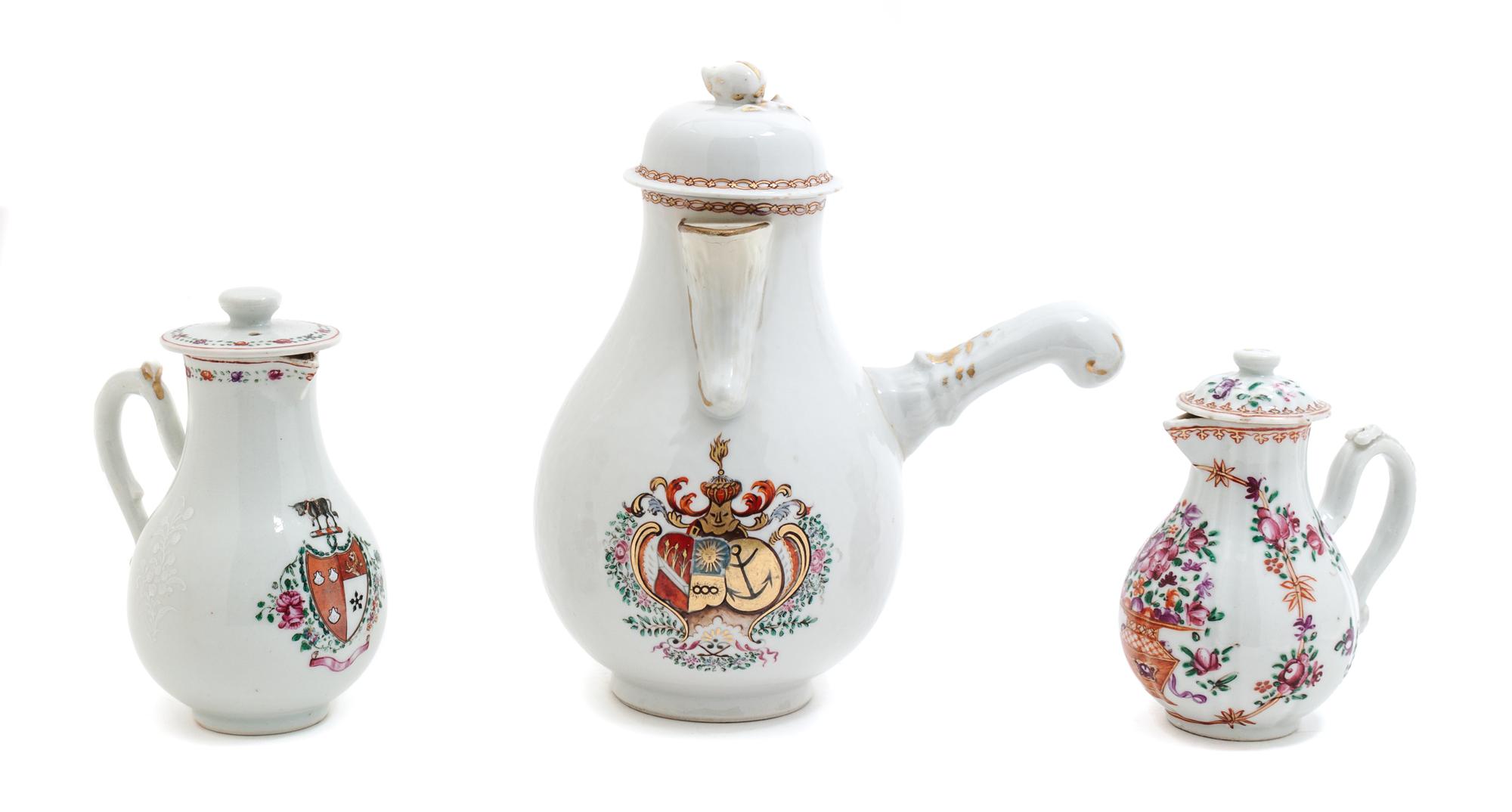 A Group of Chinese Export Porcelain Chocolate Pots Height of tallest 8 1/4 inches. — 18TH/19TH CENTURY