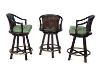 A Set of Three Stained Wood, Leather and Brass Bar Stools — 20TH CENTURY