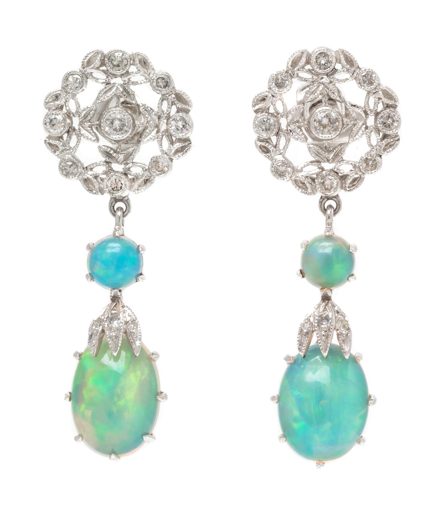 A Pair of White Gold, Opal and Diamond Earrings, 2.80 dwts.
