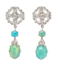 A Pair of White Gold, Opal and Diamond Earrings, 2.80 dwts.