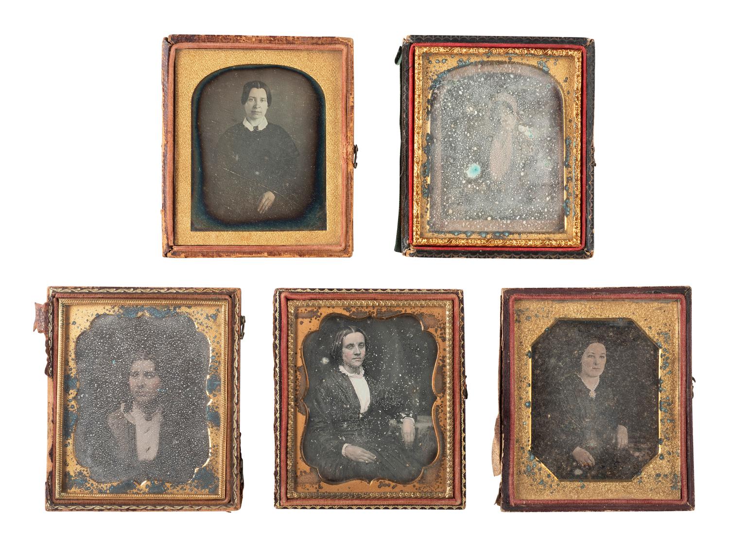 35 sixth plate daguerreotypes featuring women of varying ages.