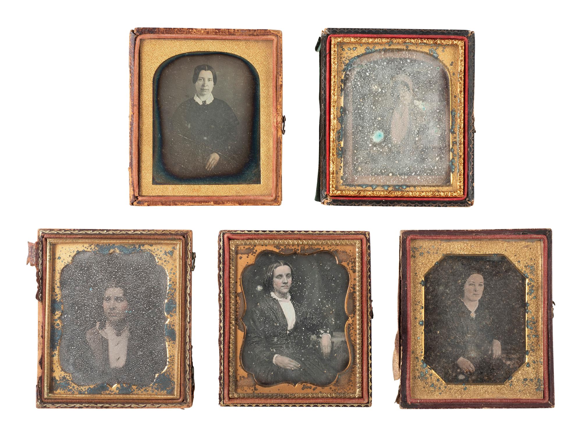 35 sixth plate daguerreotypes featuring women of varying ages.
